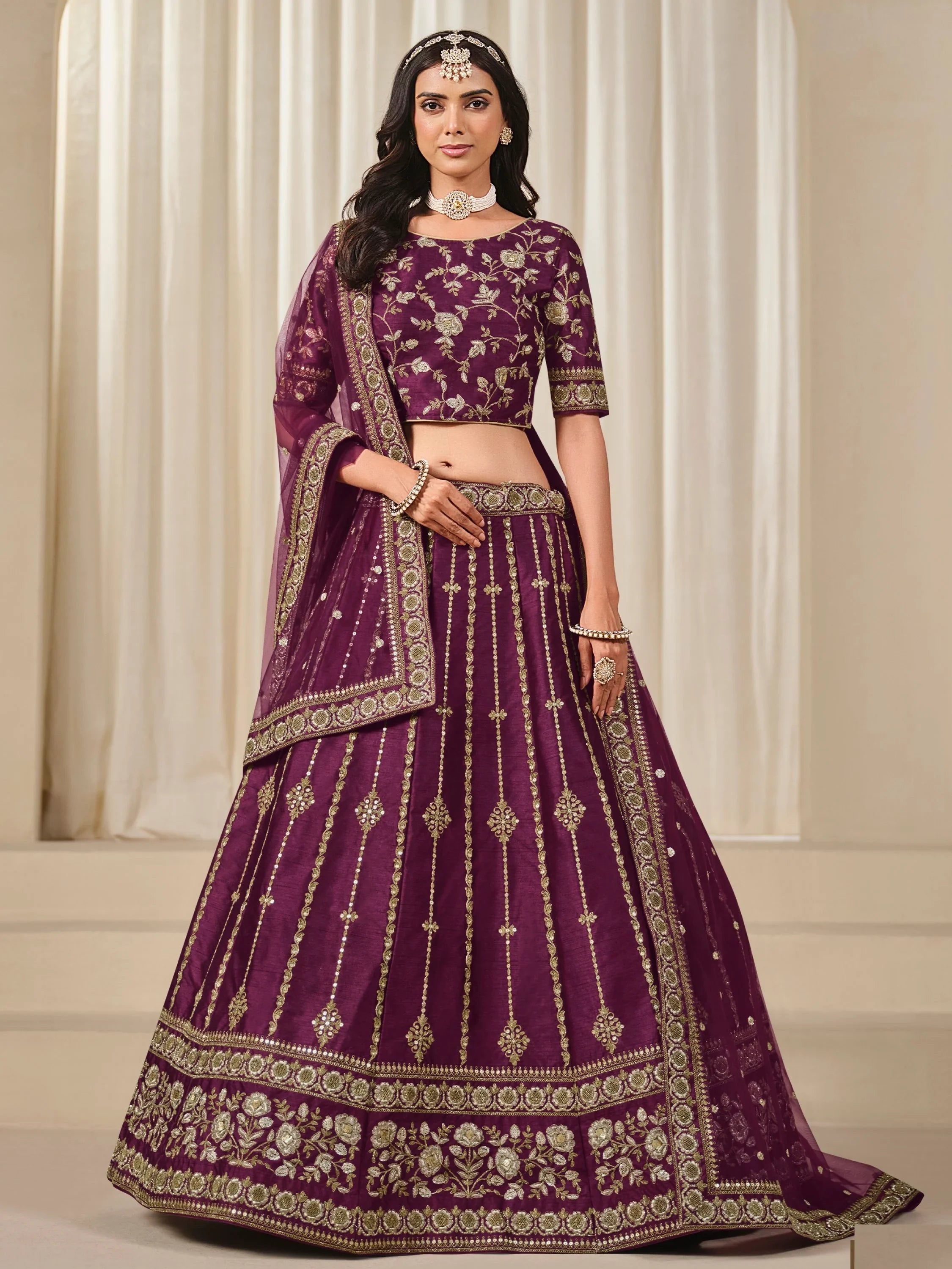 Delightful Wine Dori Work Art Silk Reception Wear Lehenga Choli