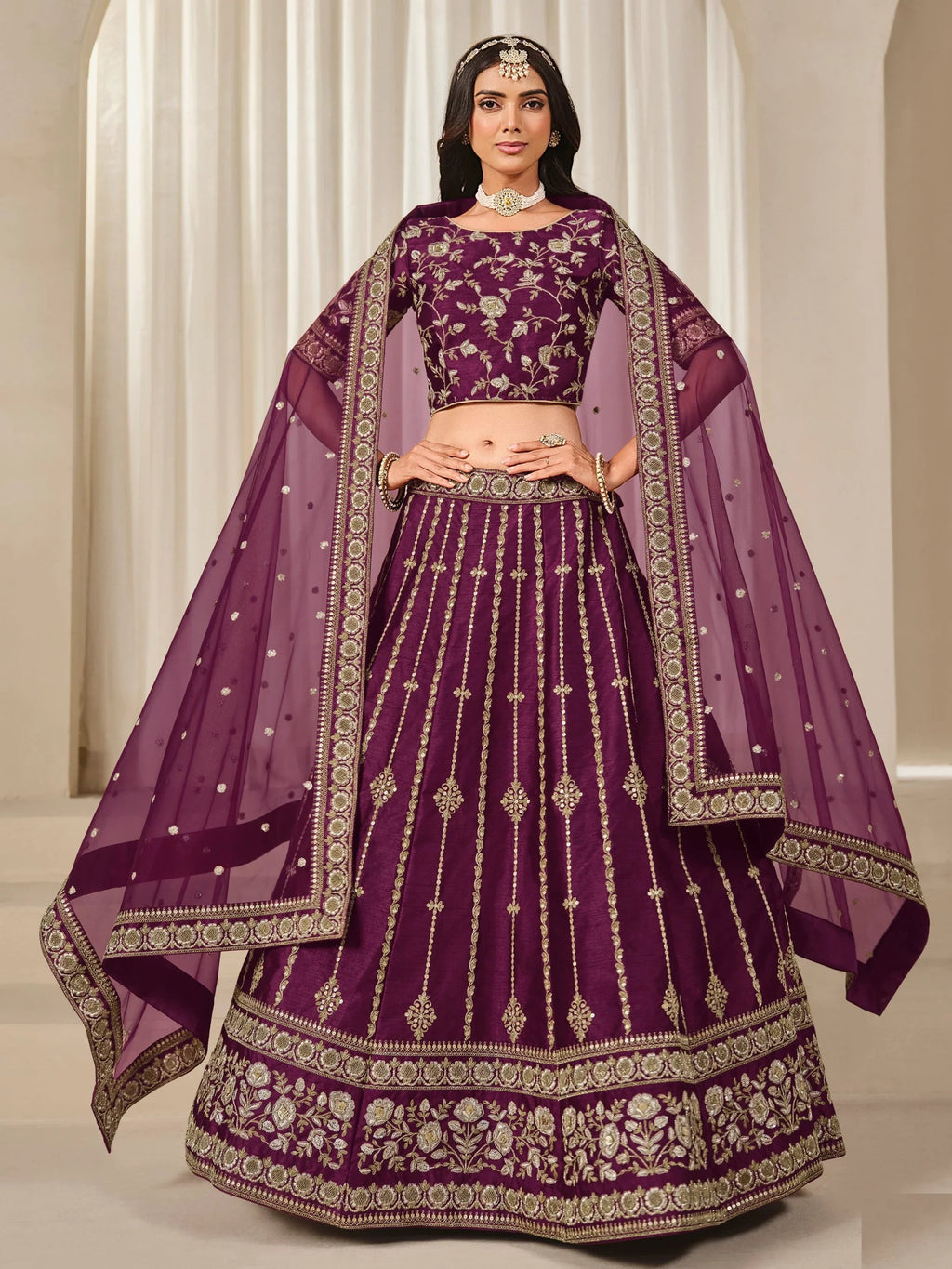 Delightful Wine Dori Work Art Silk Reception Wear Lehenga Choli