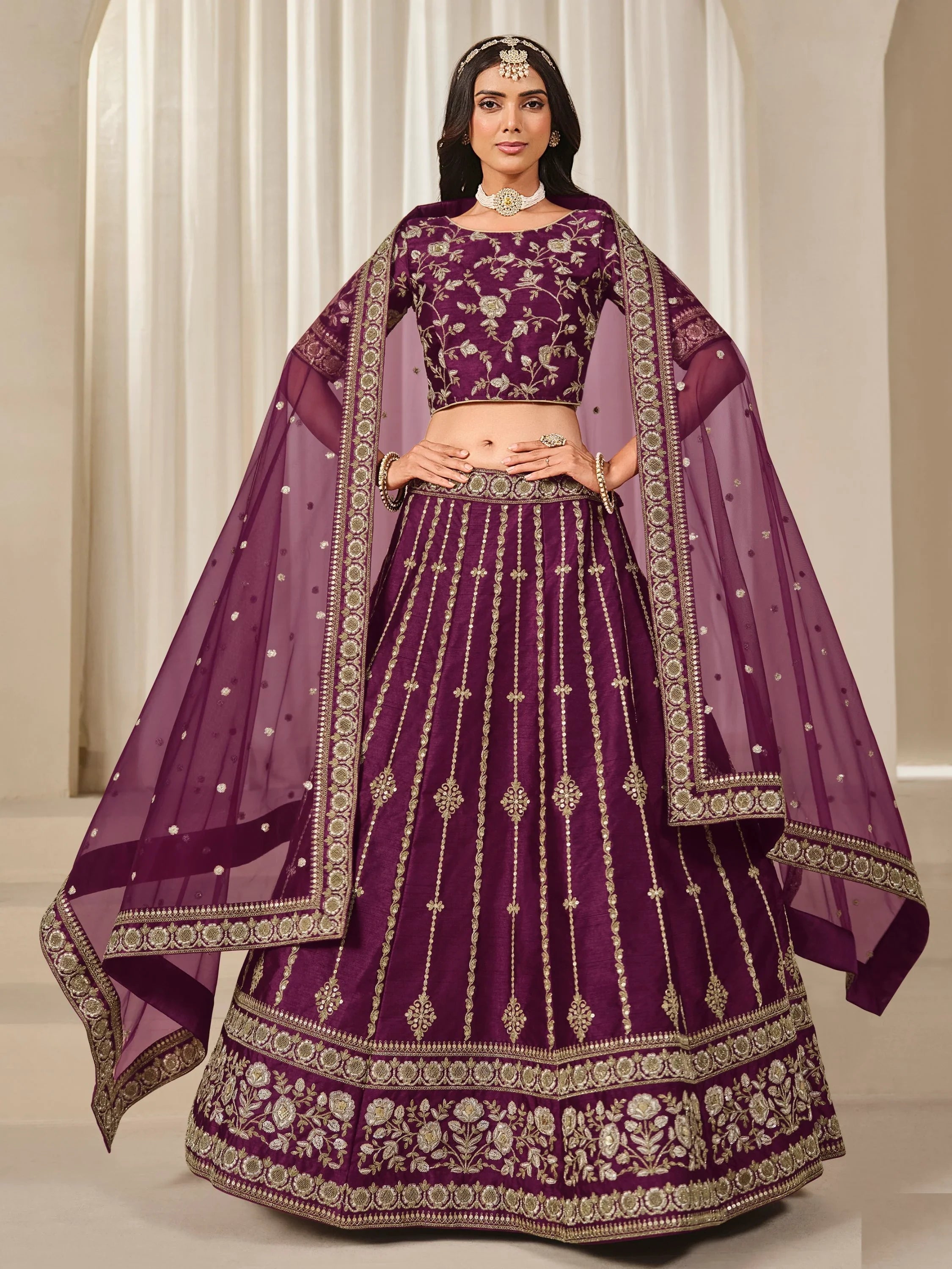 Delightful Wine Dori Work Art Silk Reception Wear Lehenga Choli