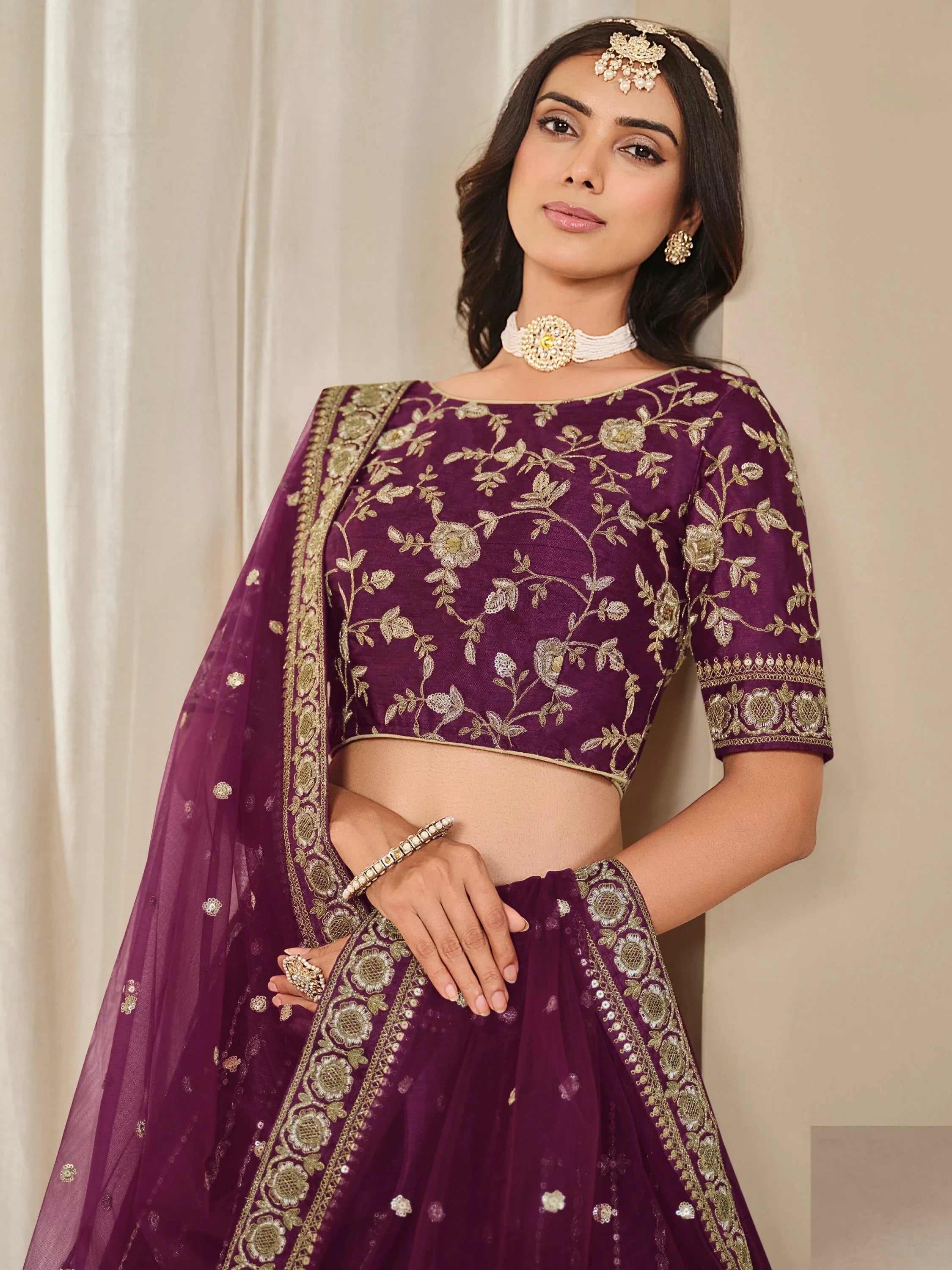 Delightful Wine Dori Work Art Silk Reception Wear Lehenga Choli
