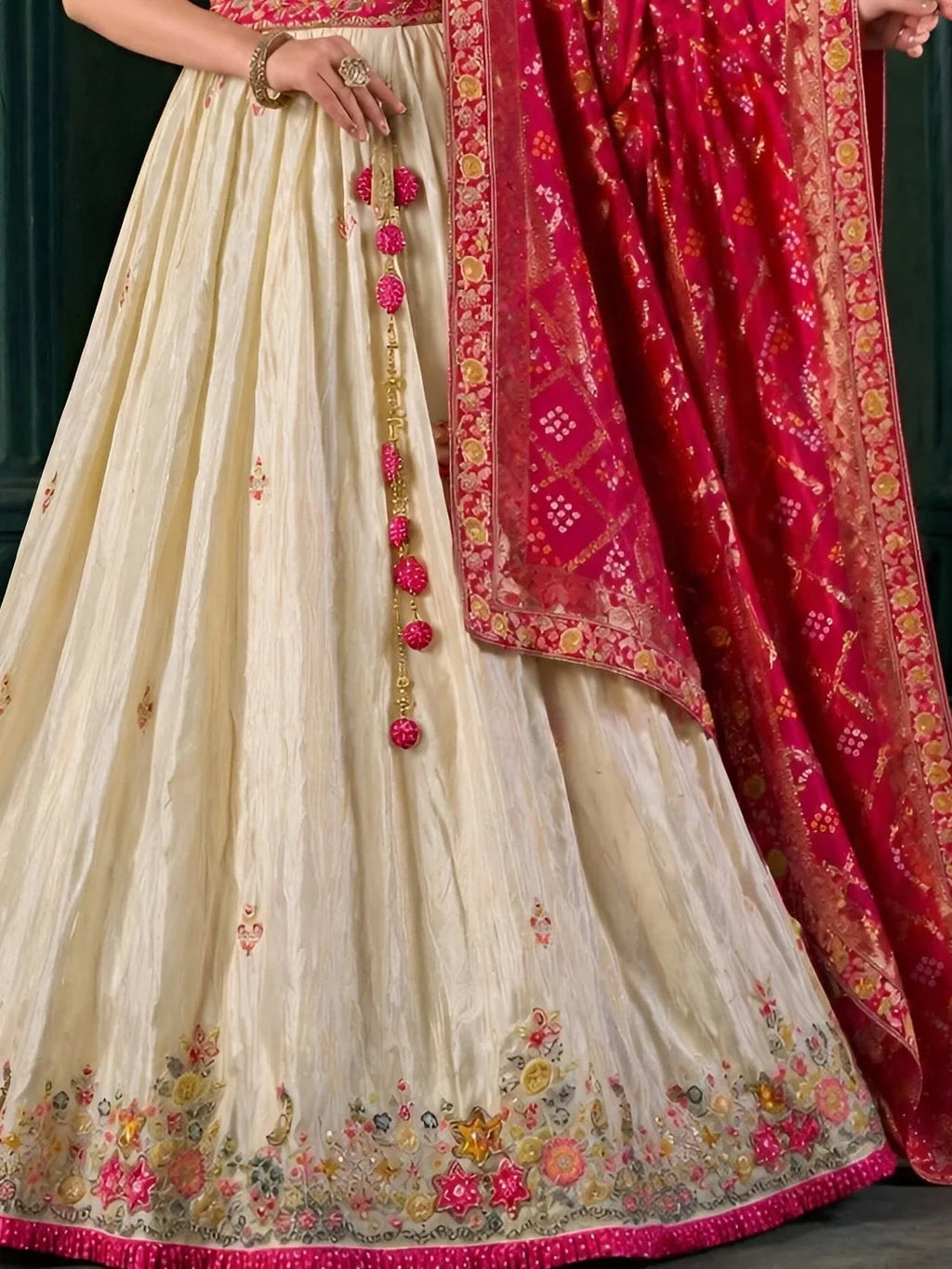 Attractive Beige Thread Work Tissue Designer Lehenga Choli With Dupatta