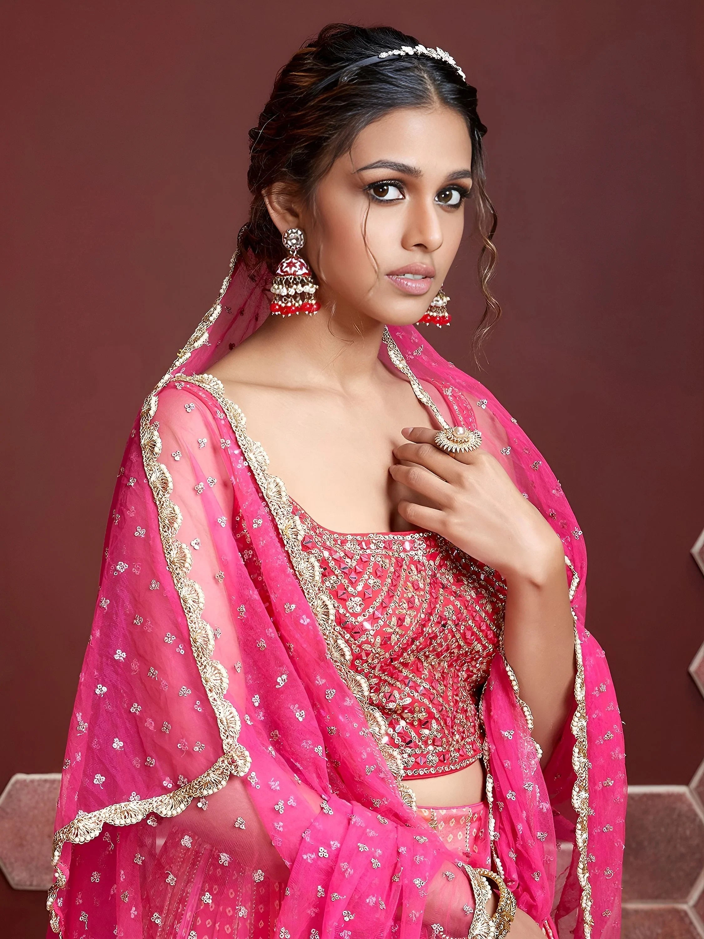 Attractive Pink Embroidered Chinon Wedding Wear Plus Size Lehenga Choli