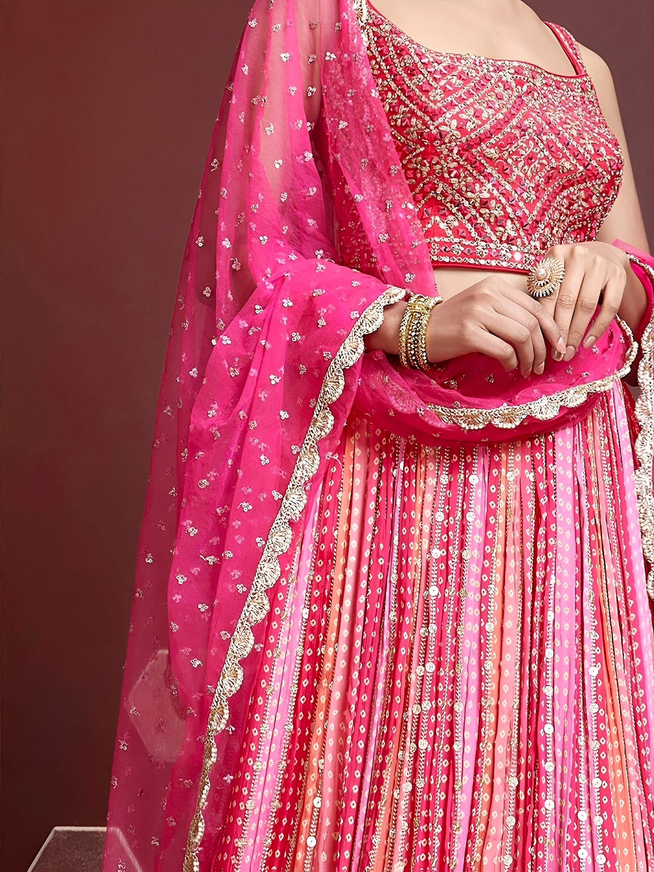 Attractive Pink Embroidered Chinon Wedding Wear Plus Size Lehenga Choli