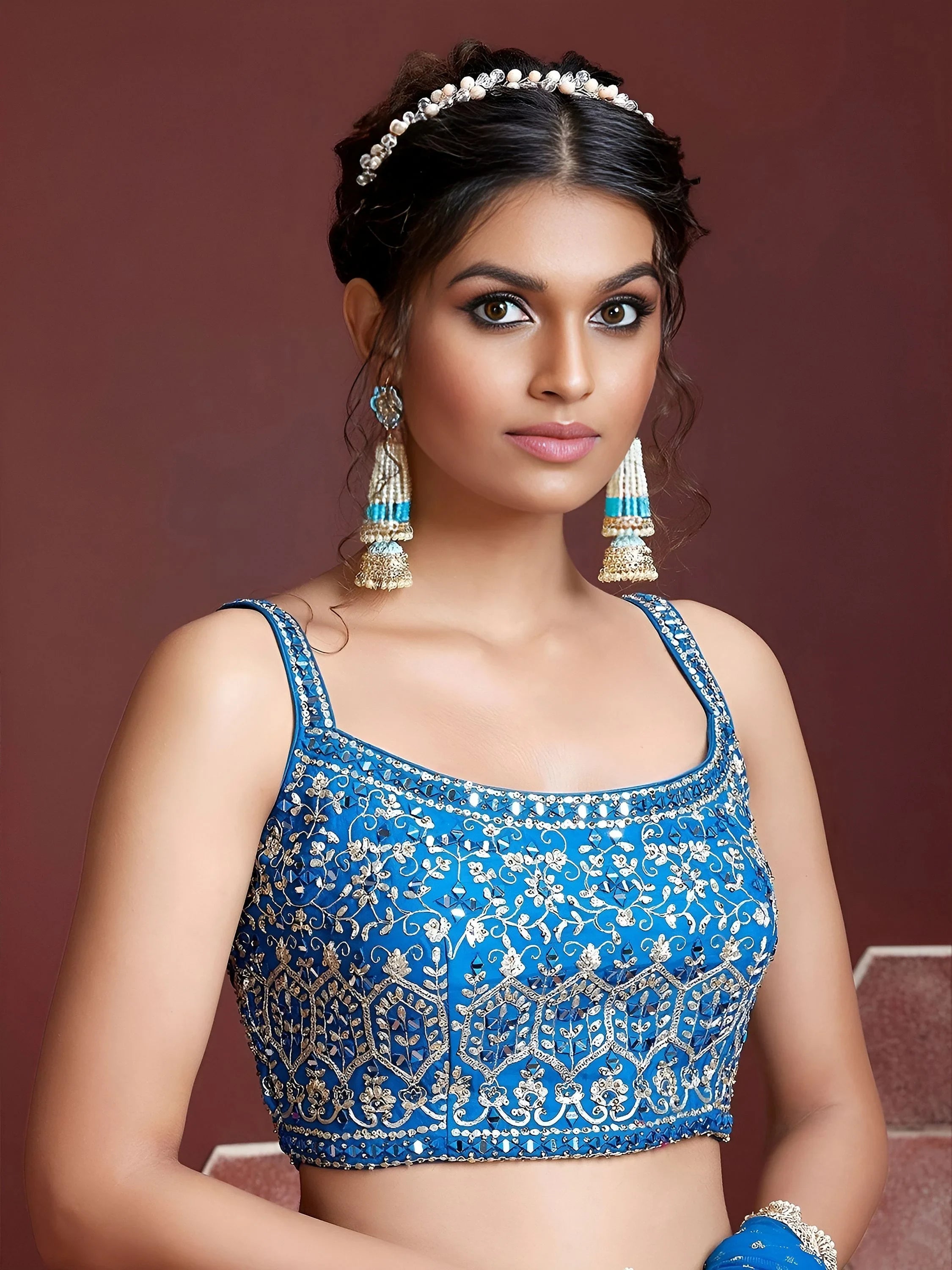 Blue Lovely Chinon Digital Print Mirror Party Wear Lehenga
