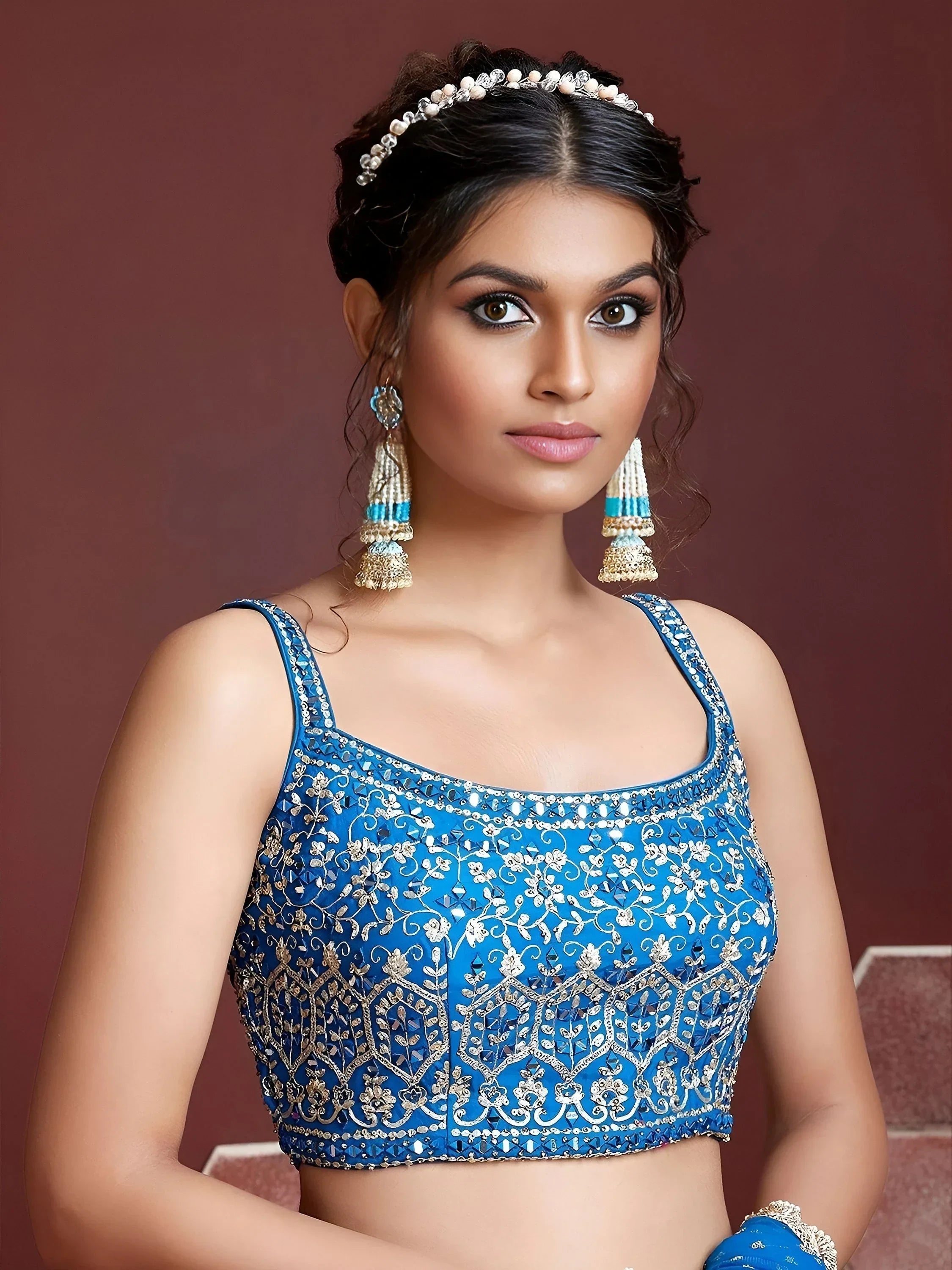 Sky Blue Lovely Chinon Digital Print Mirror Party Wear Lehenga