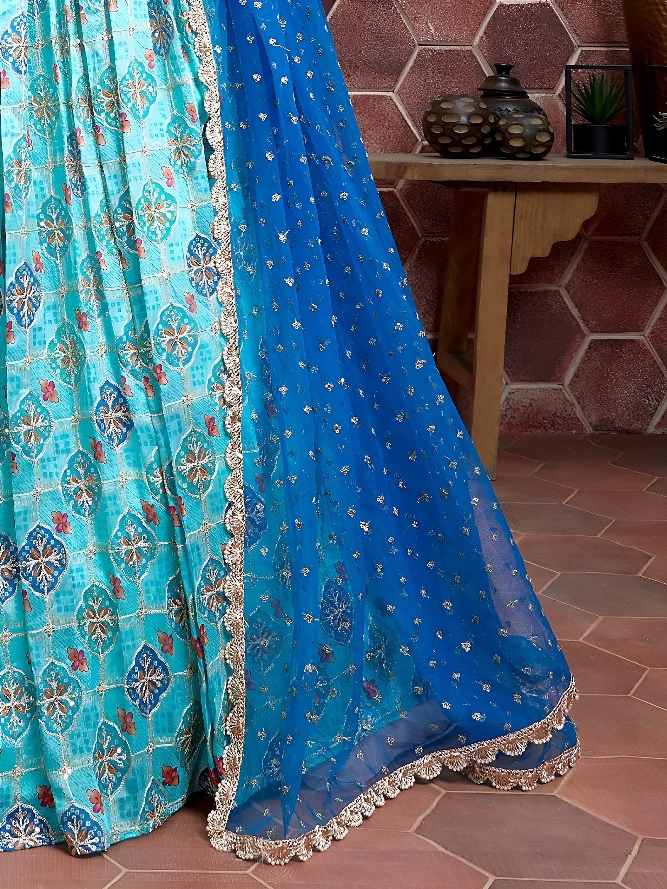 Sky Blue Lovely Chinon Digital Print Mirror Party Wear Lehenga