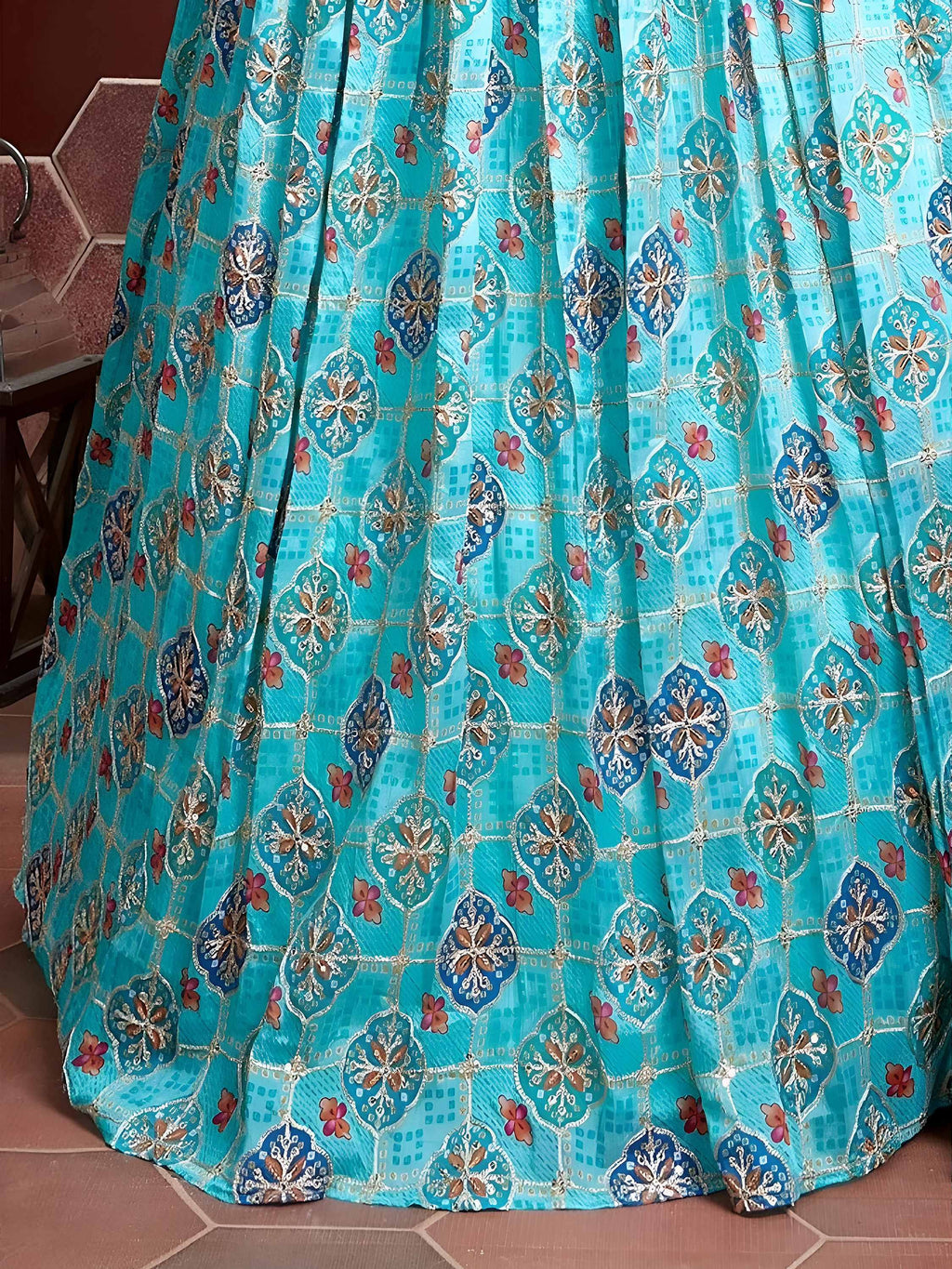 Blue Lovely Chinon Digital Print Mirror Party Wear Lehenga