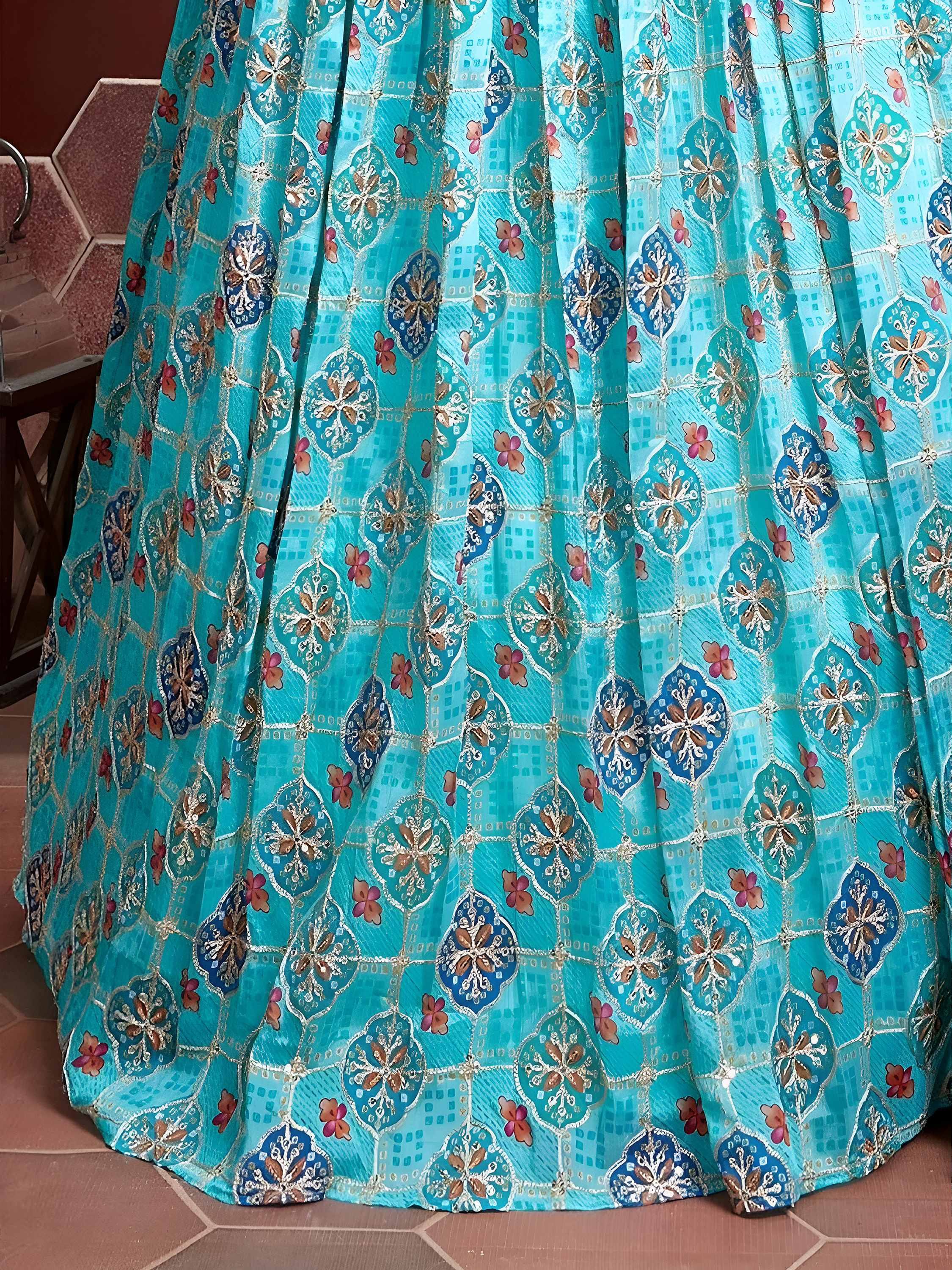Blue Lovely Chinon Digital Print Mirror Party Wear Lehenga