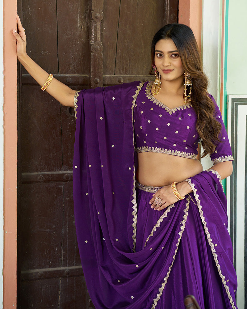 Purple Chinon Designer Lehenga Choli with Embroidery for Festive Occasions