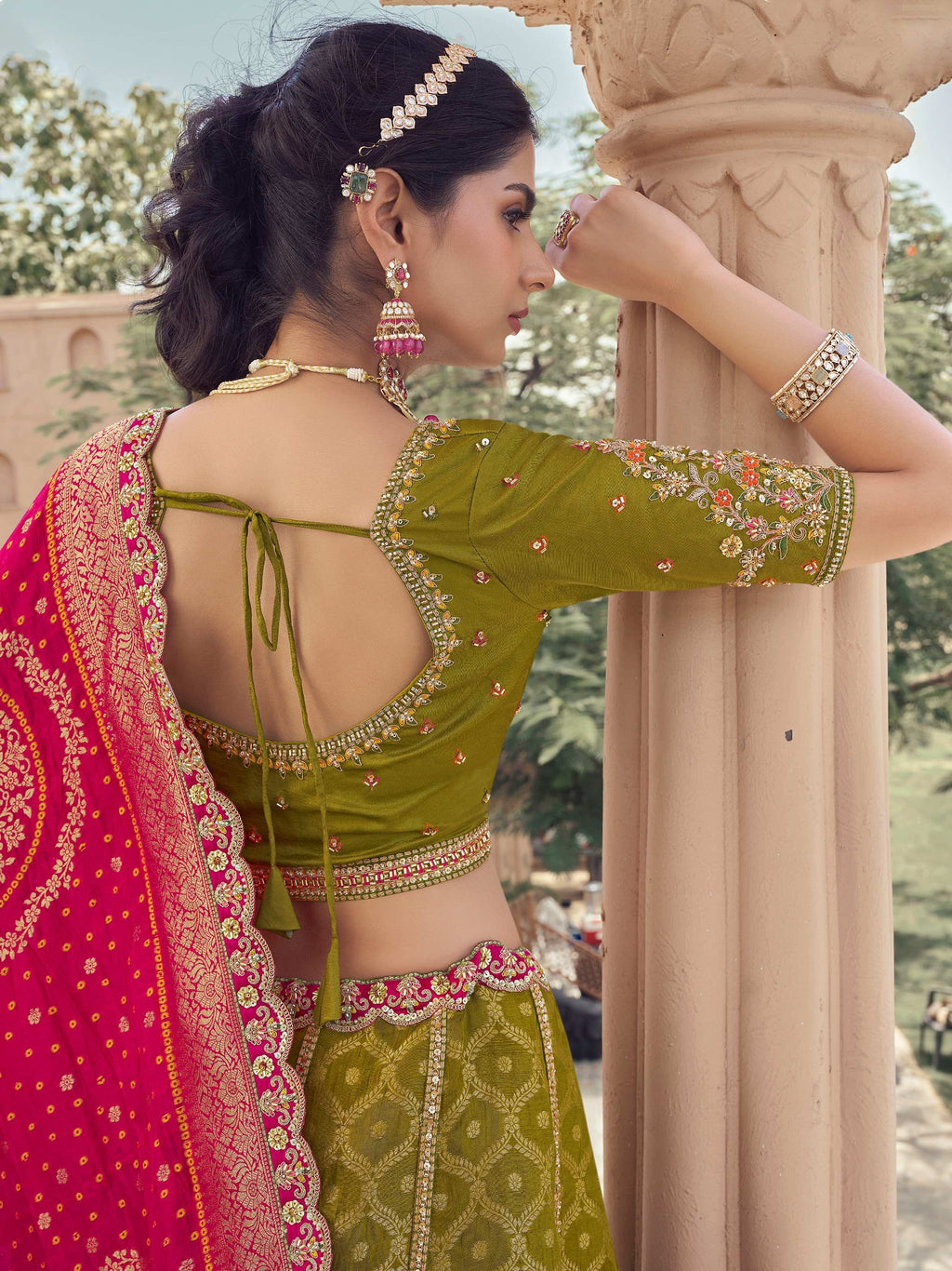 Pretty Green Embroidered Tissue Wedding Wear Lehenga Choli