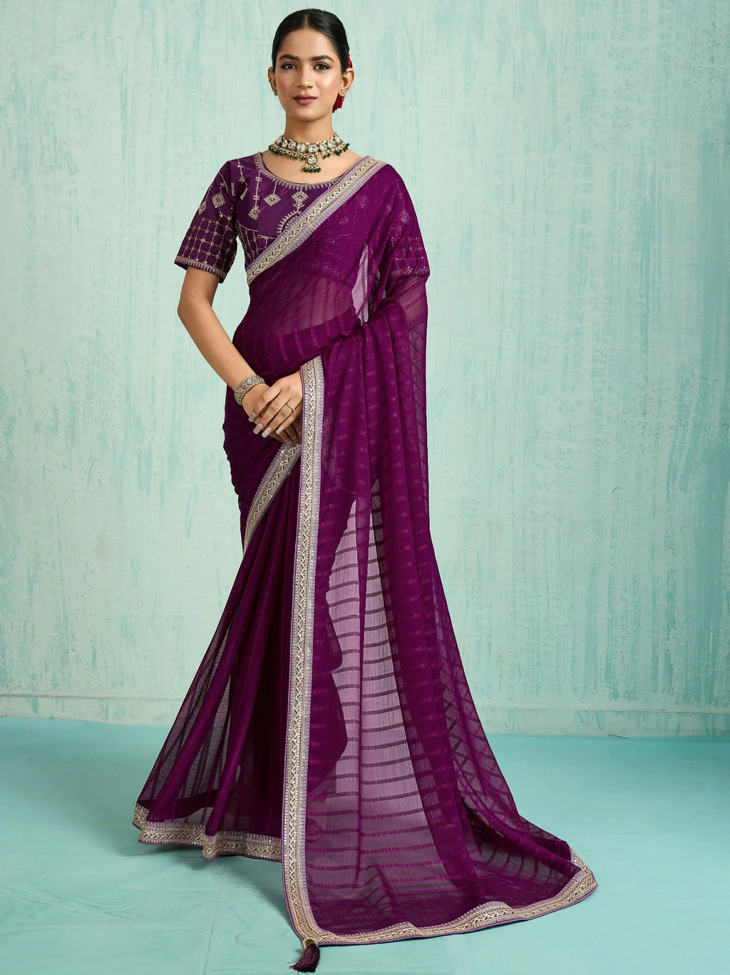 Amazing Purple Chiffon Function Wear Saree With Embroidered Blouse