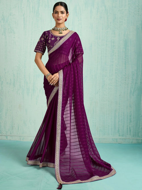 Amazing Purple Chiffon Function Wear Saree With Embroidered Blouse