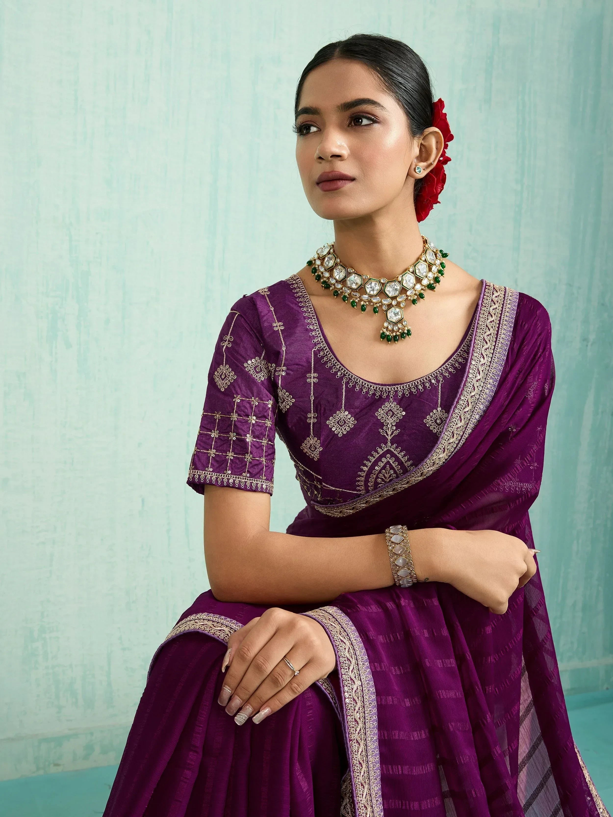 Amazing Purple Chiffon Function Wear Saree With Embroidered Blouse