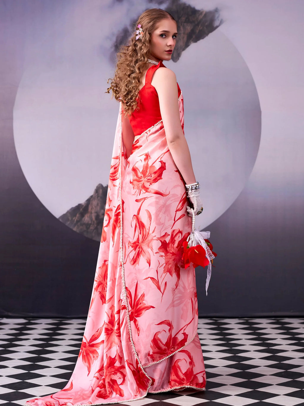 Red Awesome Floral Printed Satin Festive Wear Saree With Blouse
