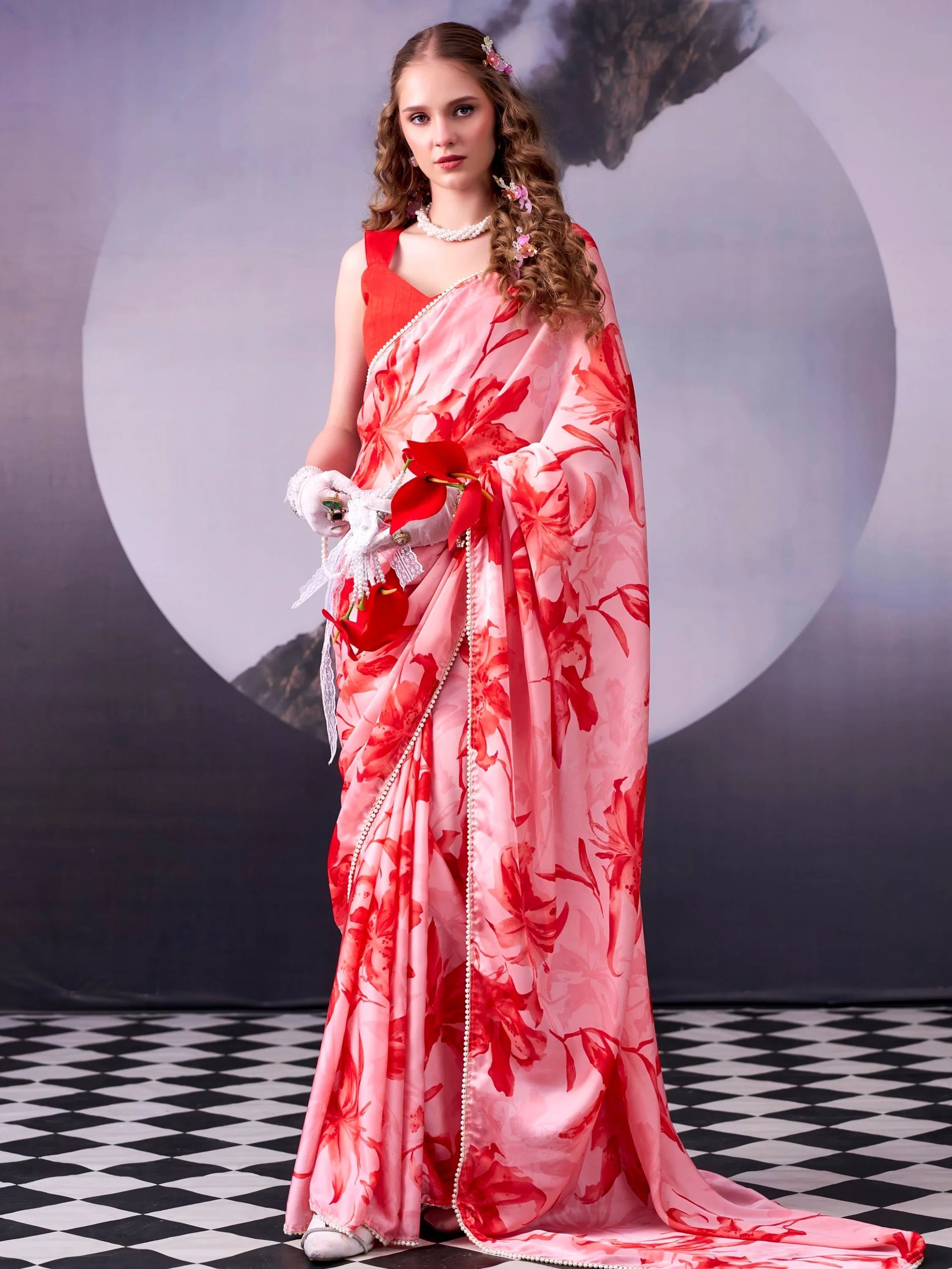 Red Awesome Floral Printed Satin Festive Wear Saree With Blouse