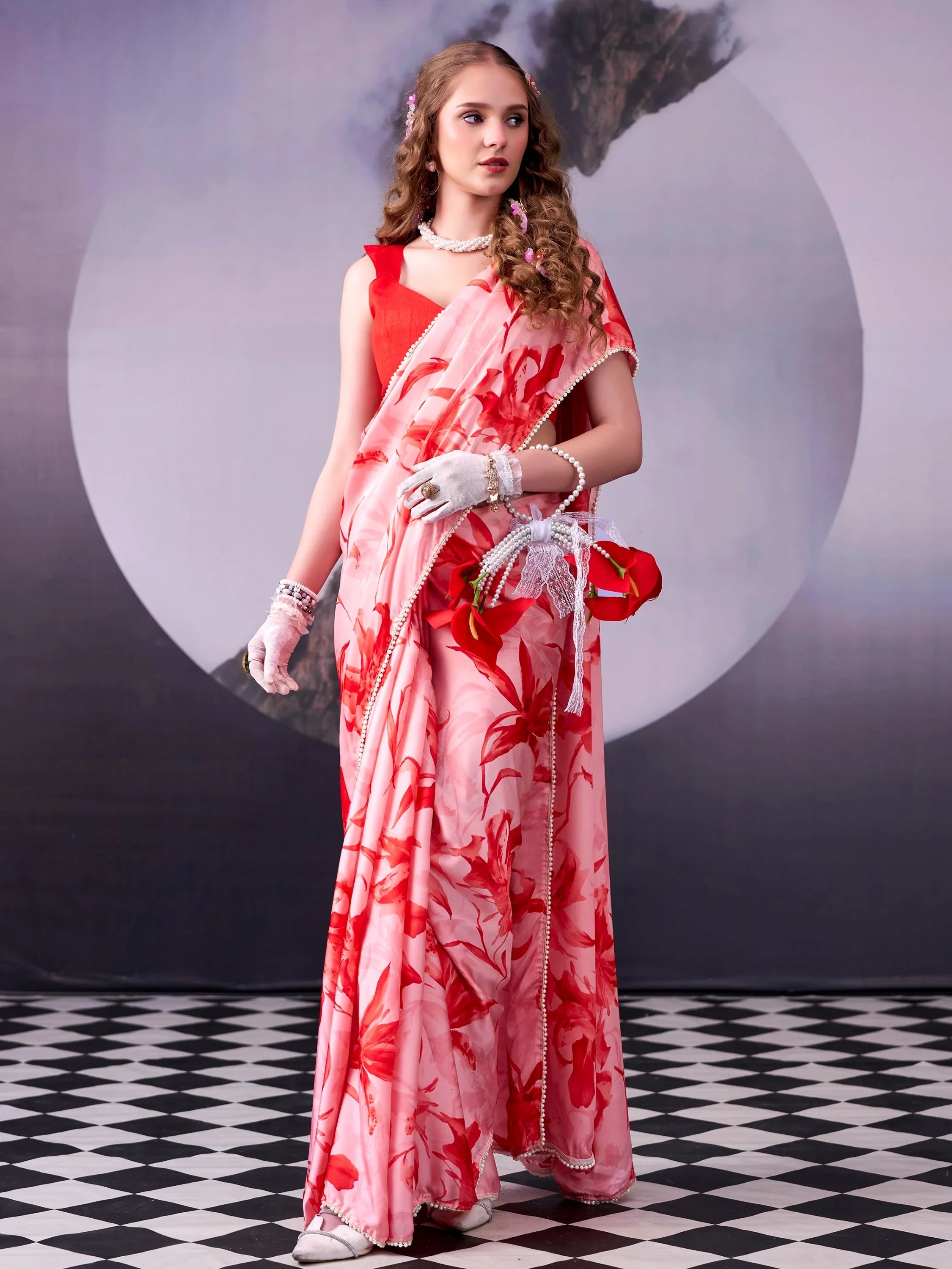Red Awesome Floral Printed Satin Festive Wear Saree With Blouse