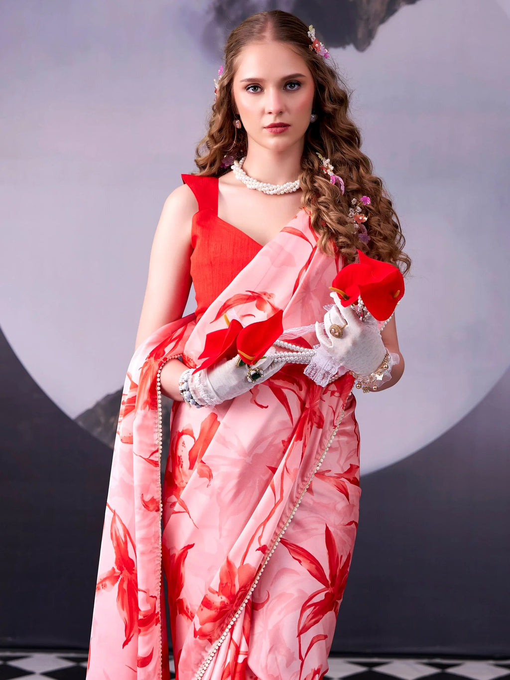 Red Awesome Floral Printed Satin Festive Wear Saree With Blouse