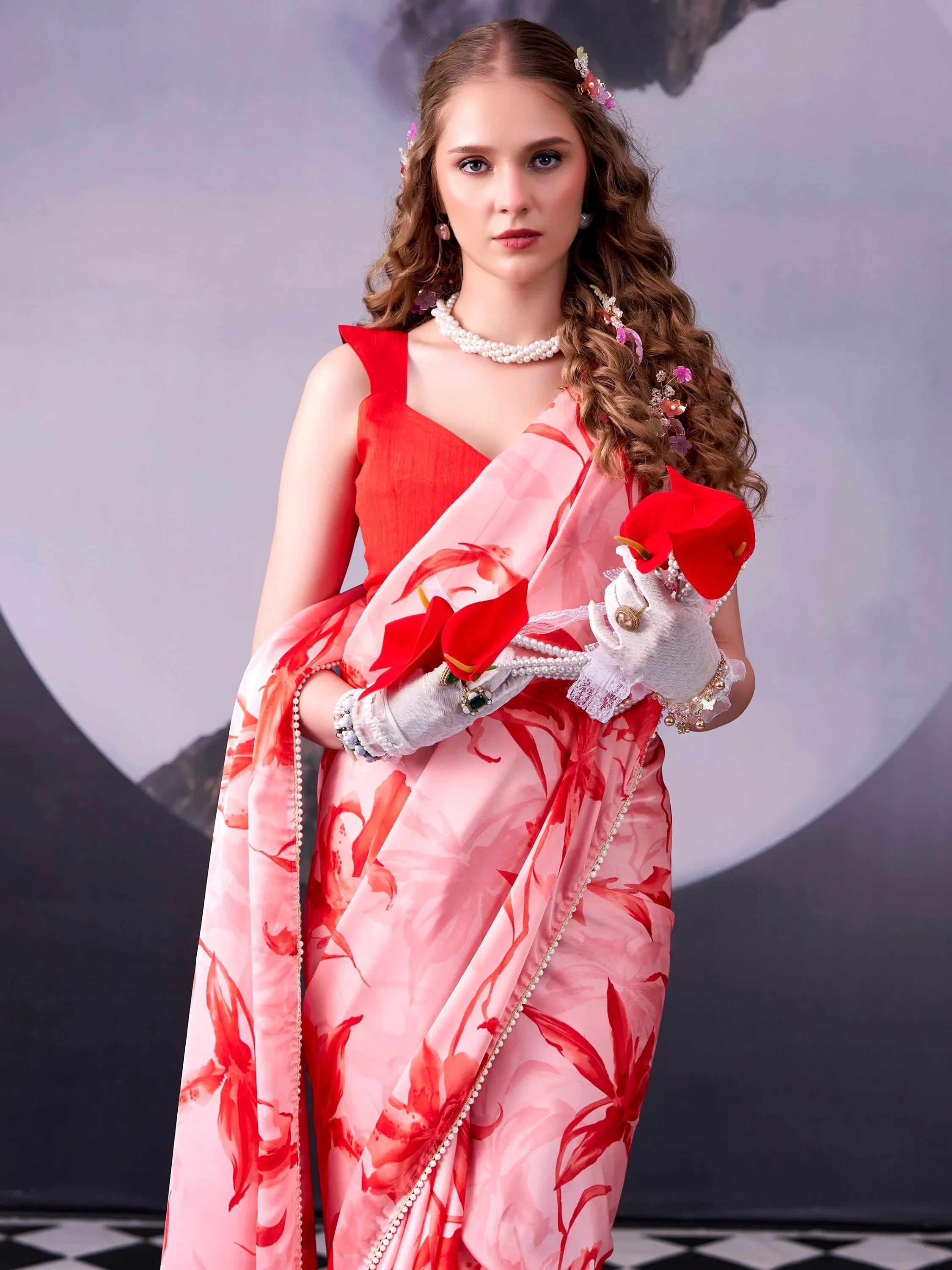 Red Awesome Floral Printed Satin Festive Wear Saree With Blouse