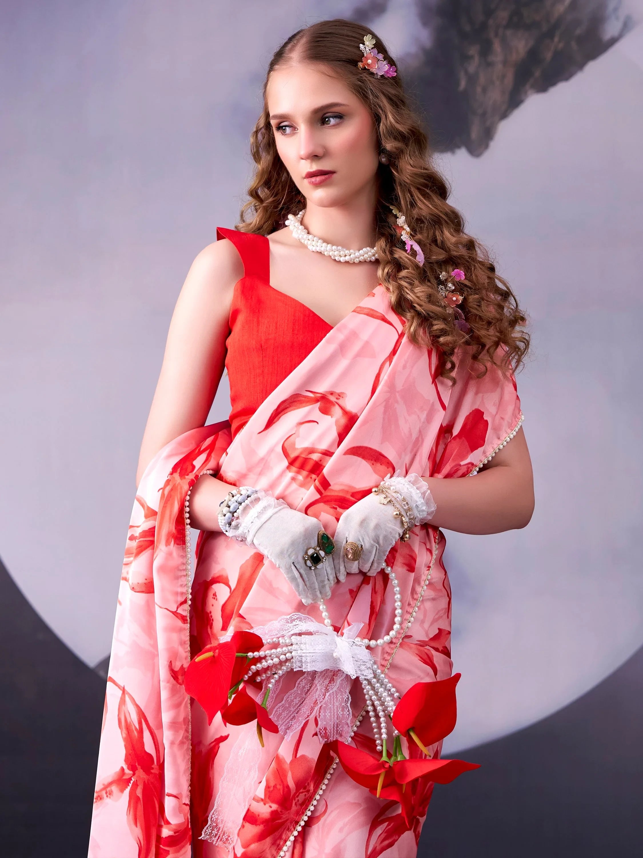 Red Awesome Floral Printed Satin Festive Wear Saree With Blouse