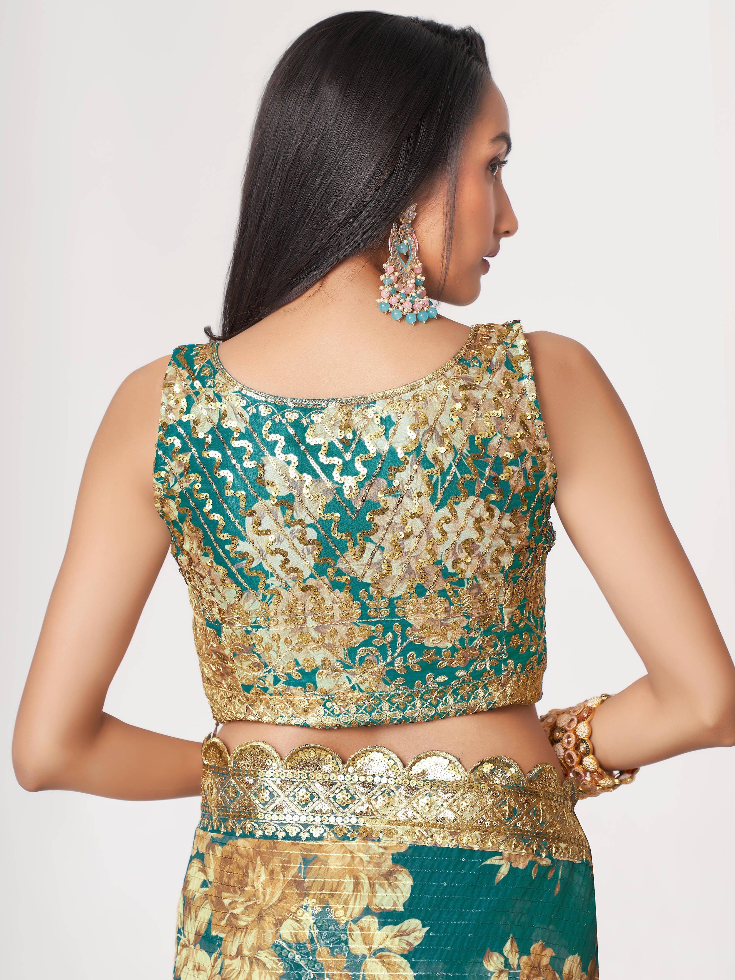 Bewitching Teal Blue Floral Printed Organza Party Wear Saree