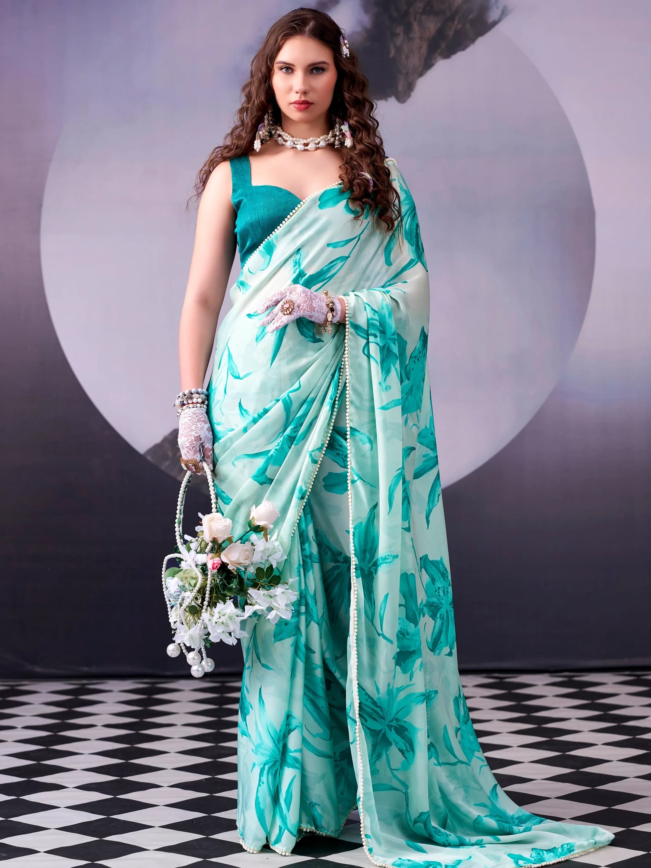 Teal Awesome Floral Printed Satin Festive Wear Saree With Blouse