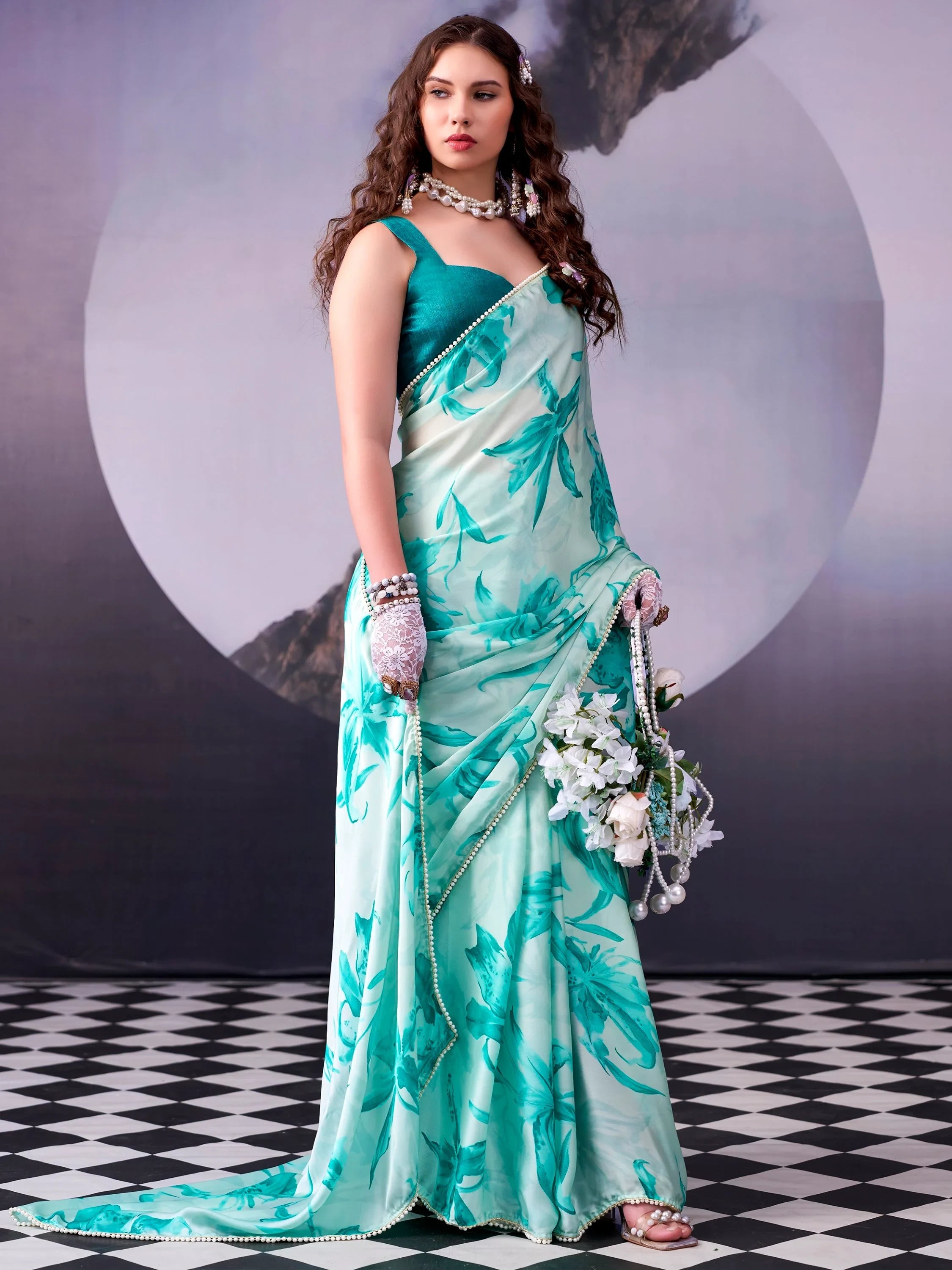 Teal Awesome Floral Printed Satin Festive Wear Saree With Blouse