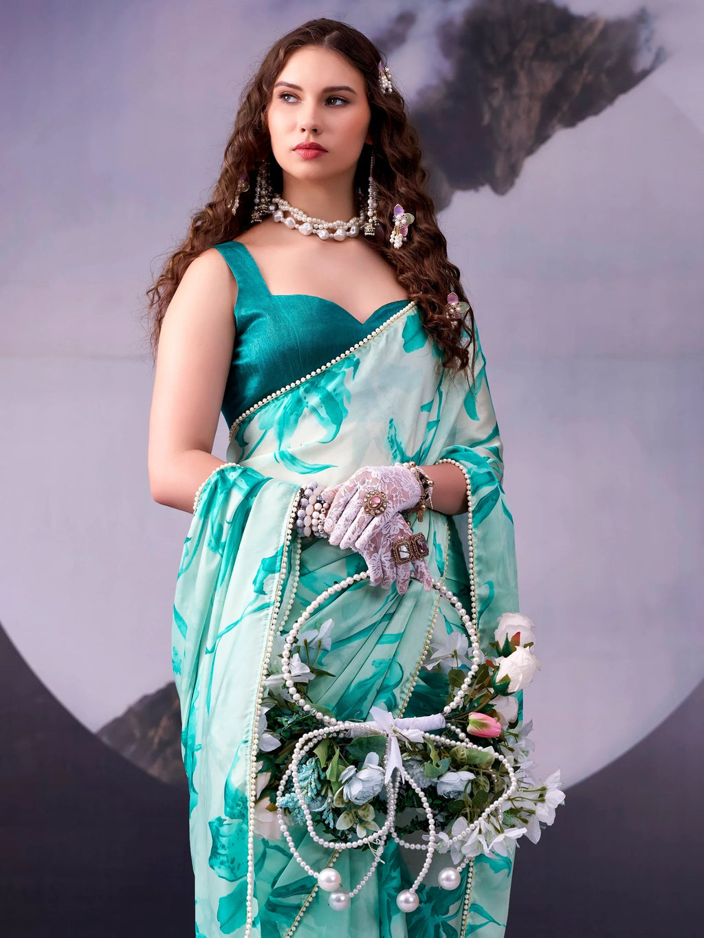 Teal Awesome Floral Printed Satin Festive Wear Saree With Blouse