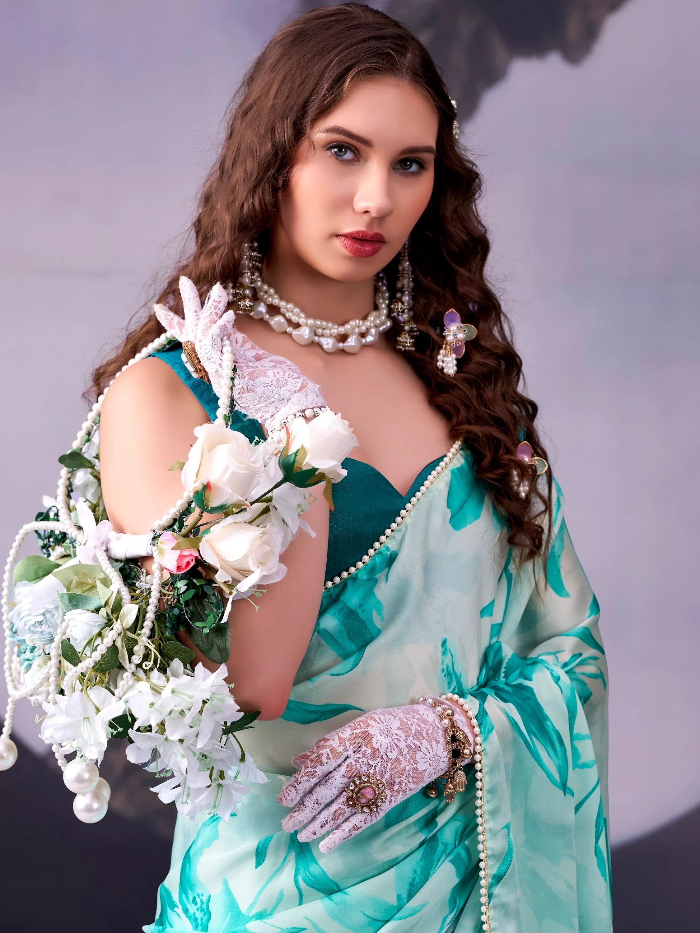 Teal Awesome Floral Printed Satin Festive Wear Saree With Blouse
