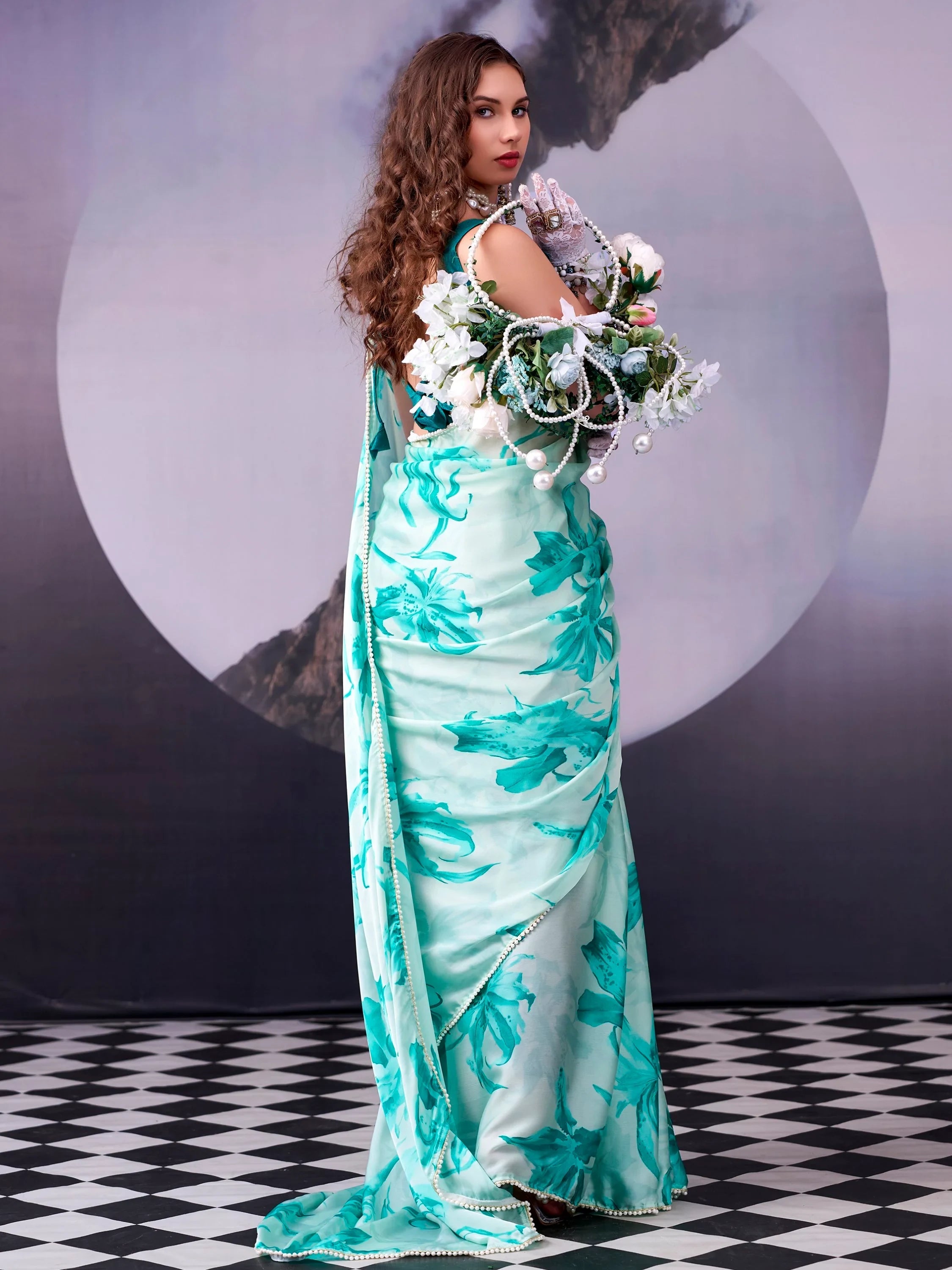 Teal Awesome Floral Printed Satin Festive Wear Saree With Blouse