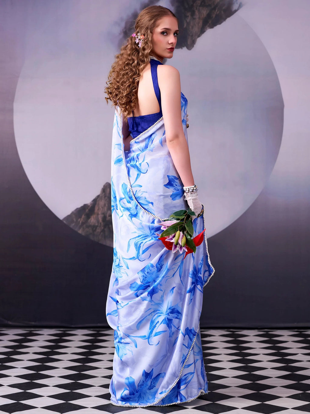 Sky Blue Awesome Floral Printed Satin Festive Wear Saree With Blouse