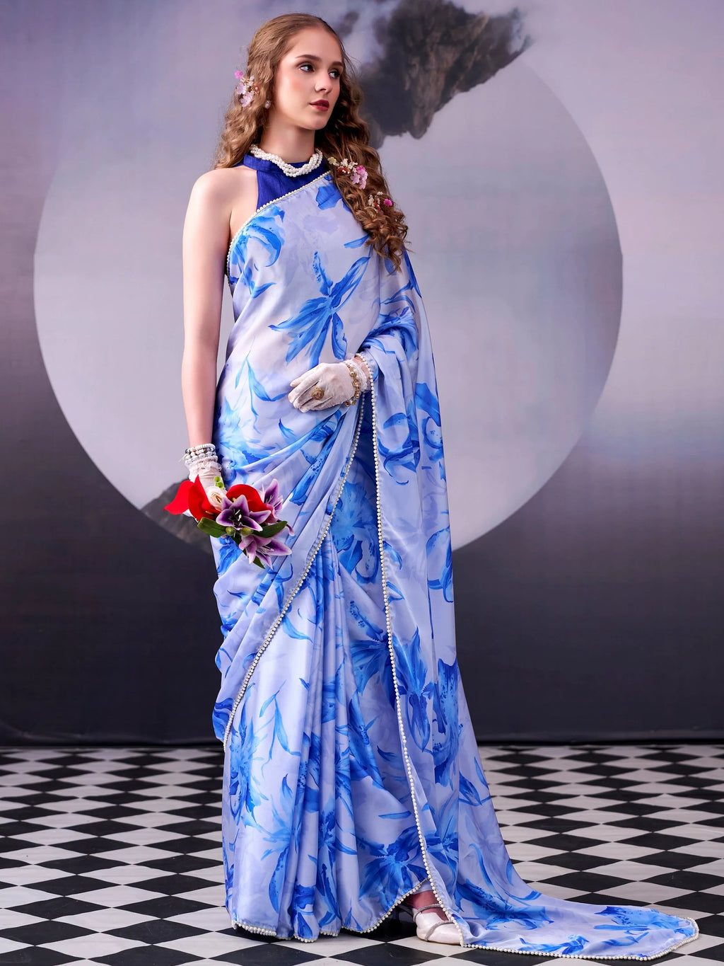 Sky Blue Awesome Floral Printed Satin Festive Wear Saree With Blouse