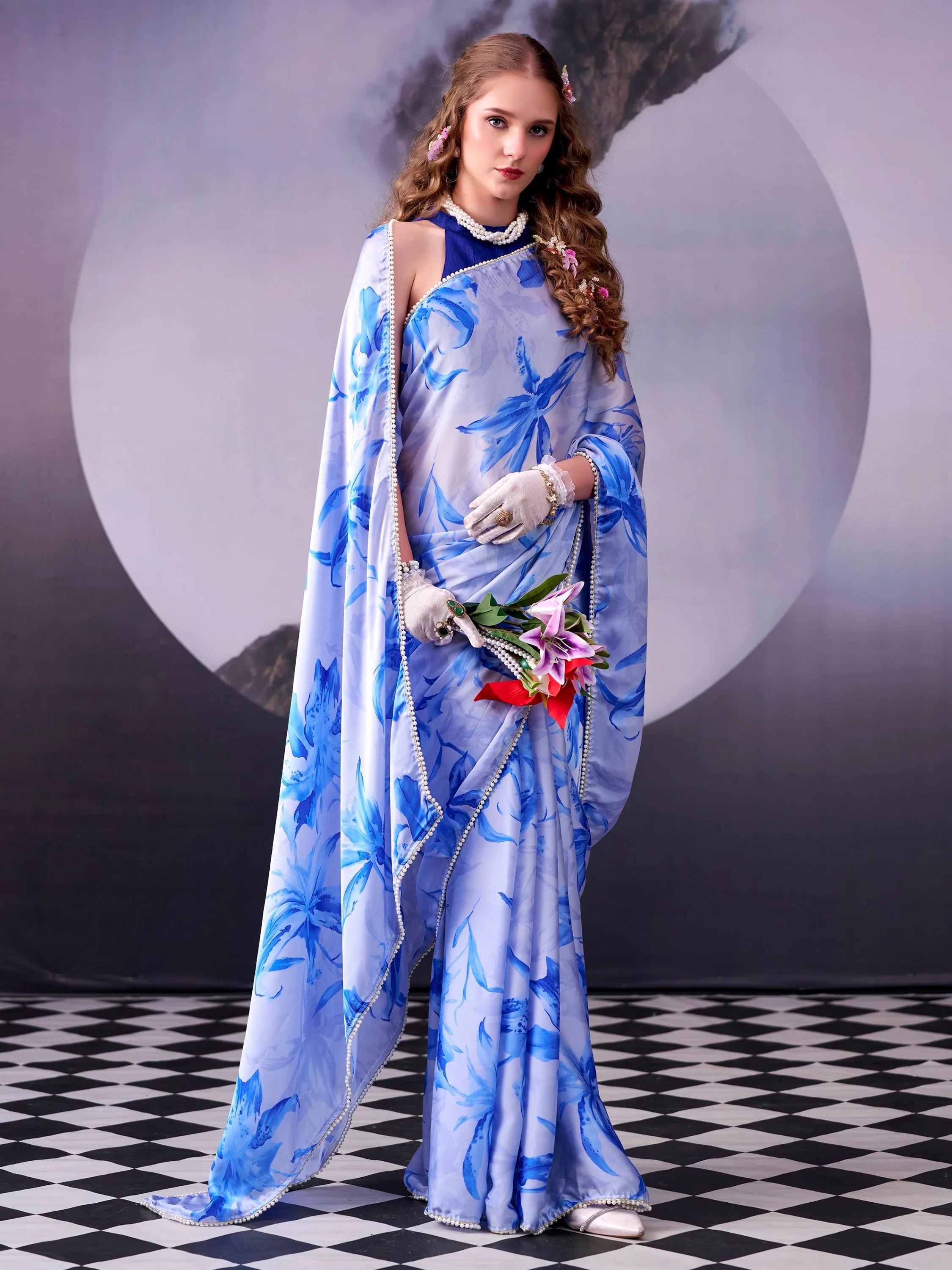 Sky Blue Awesome Floral Printed Satin Festive Wear Saree With Blouse