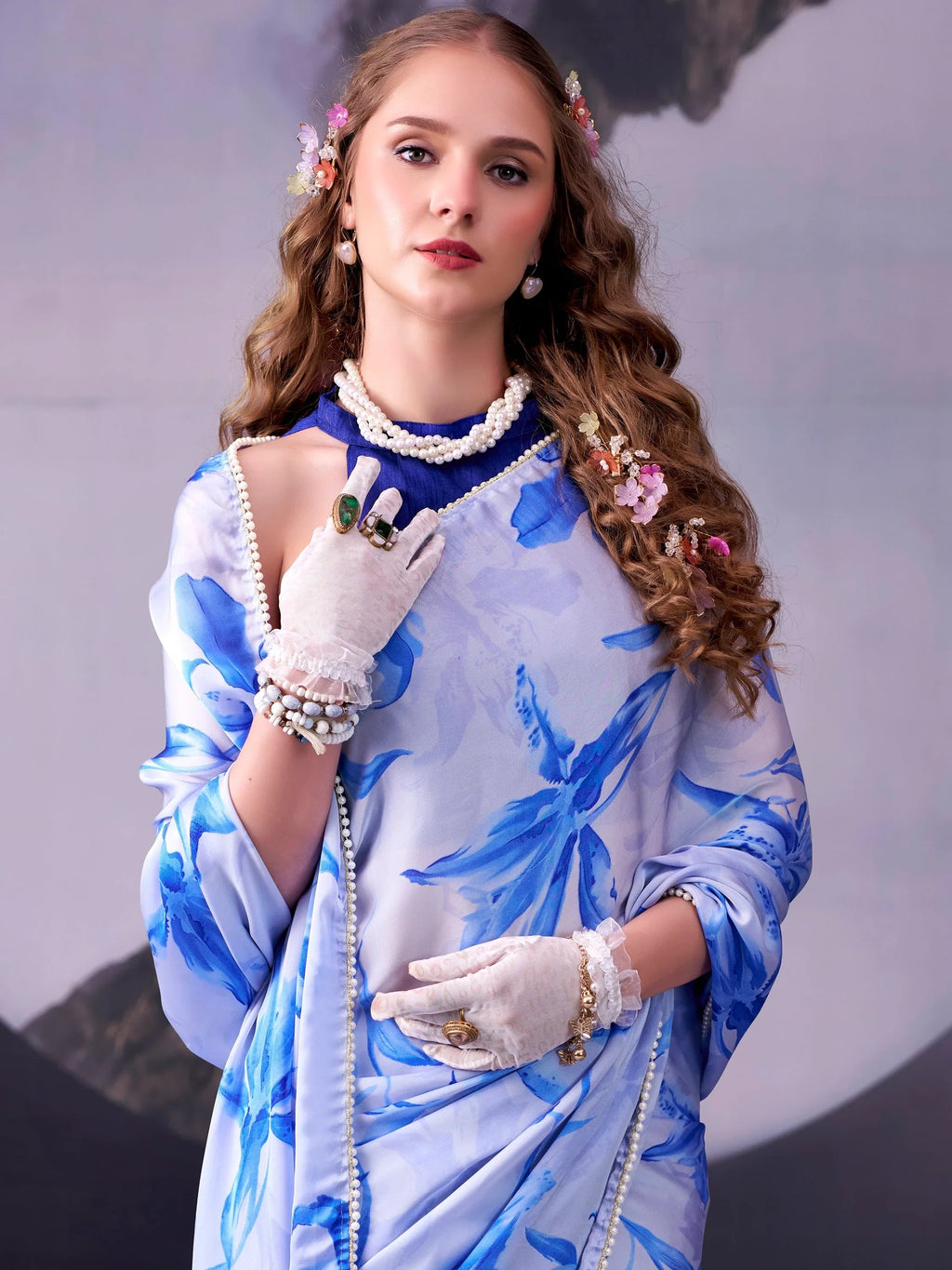 Sky Blue Awesome Floral Printed Satin Festive Wear Saree With Blouse