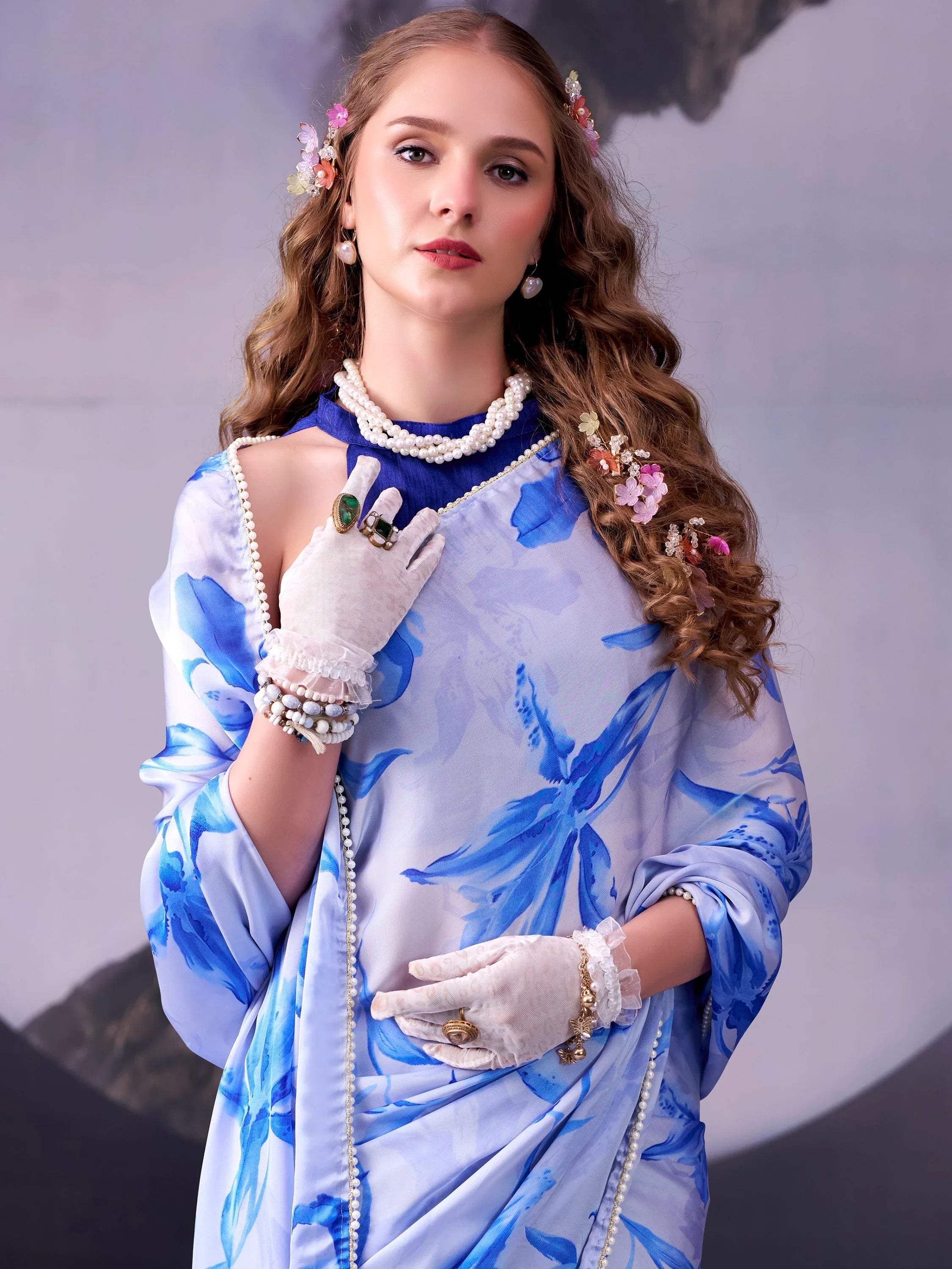 Sky Blue Awesome Floral Printed Satin Festive Wear Saree With Blouse