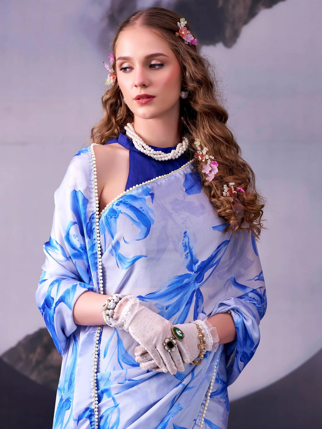 Sky Blue Awesome Floral Printed Satin Festive Wear Saree With Blouse