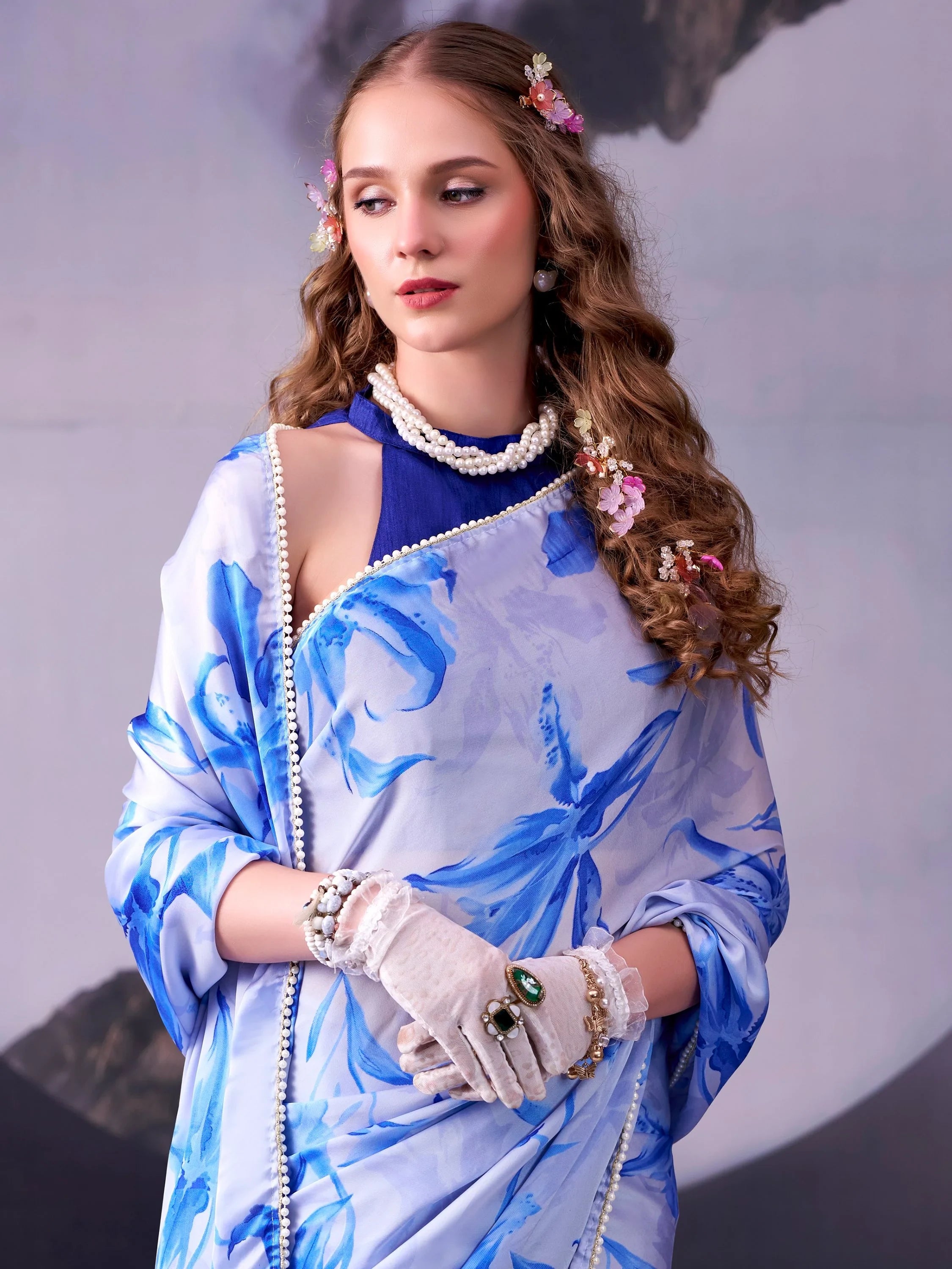 Sky Blue Awesome Floral Printed Satin Festive Wear Saree With Blouse