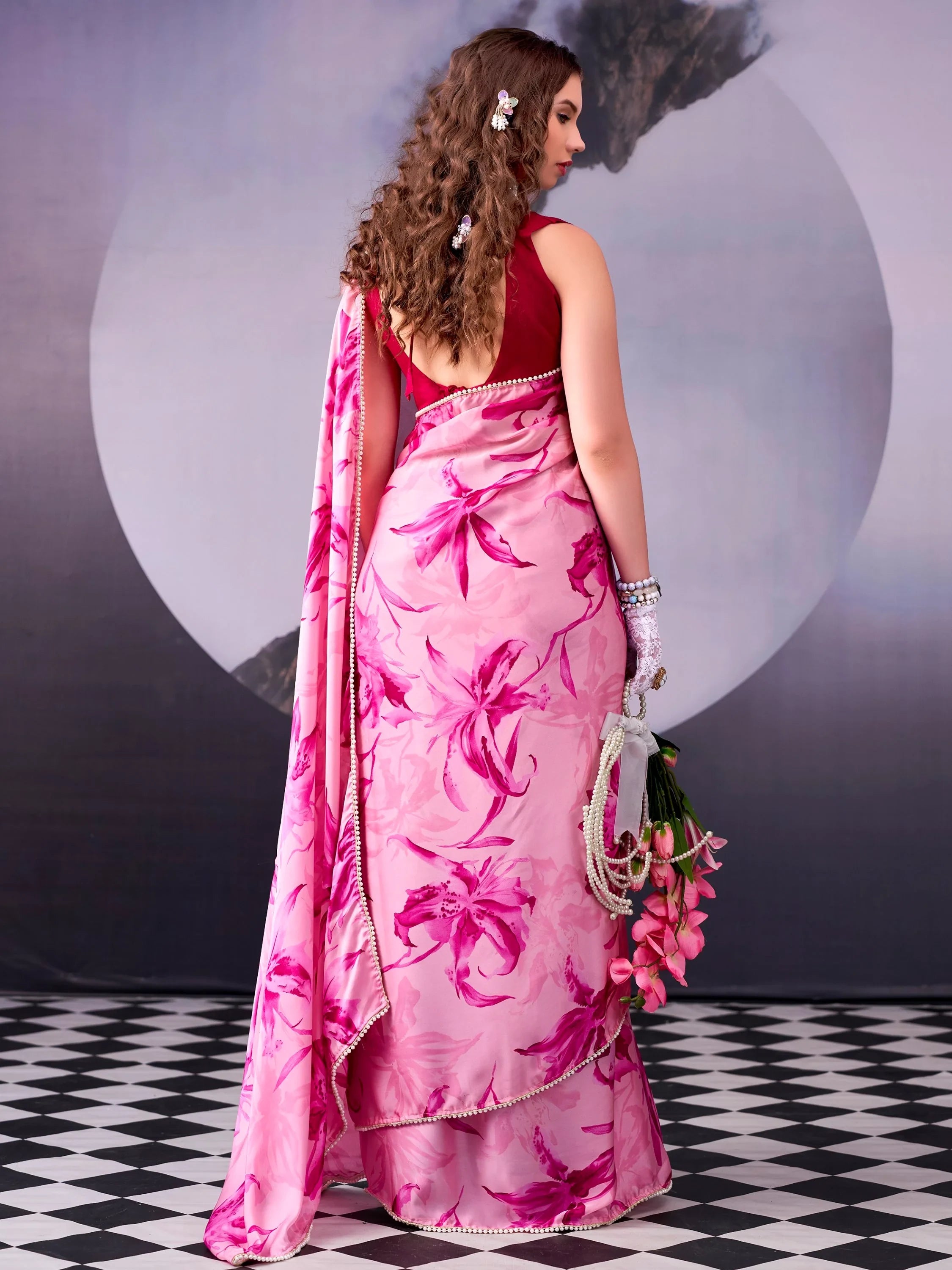 Pink Awesome Floral Printed Satin Festive Wear Saree With Blouse