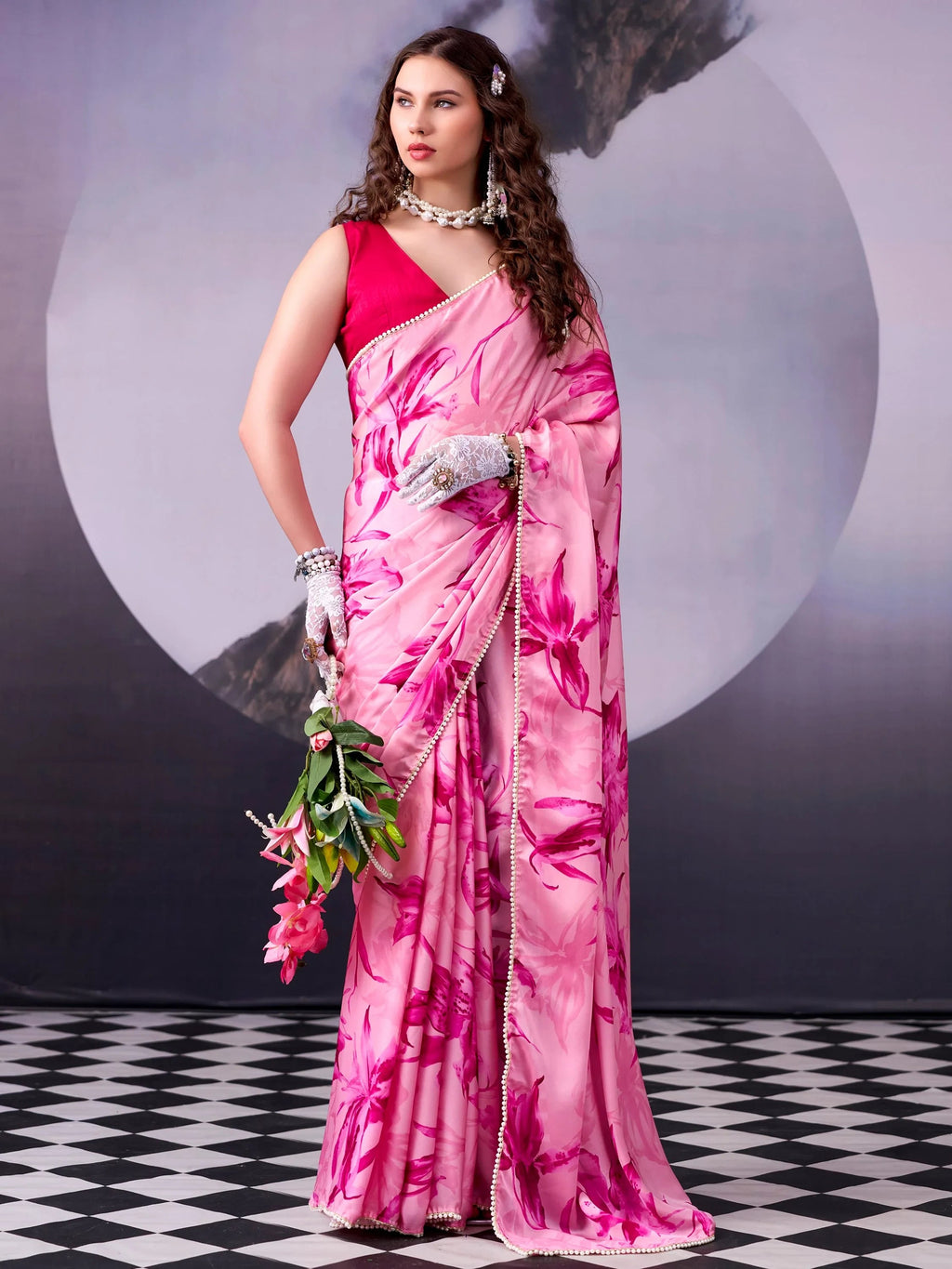 Pink Awesome Floral Printed Satin Festive Wear Saree With Blouse