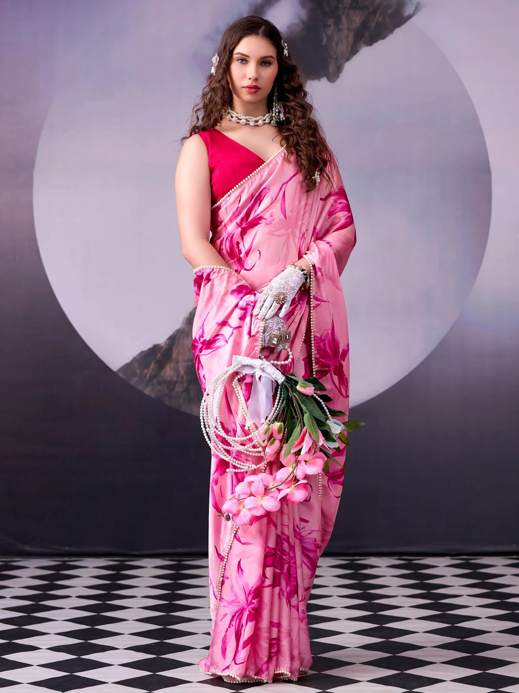 Pink Awesome Floral Printed Satin Festive Wear Saree With Blouse