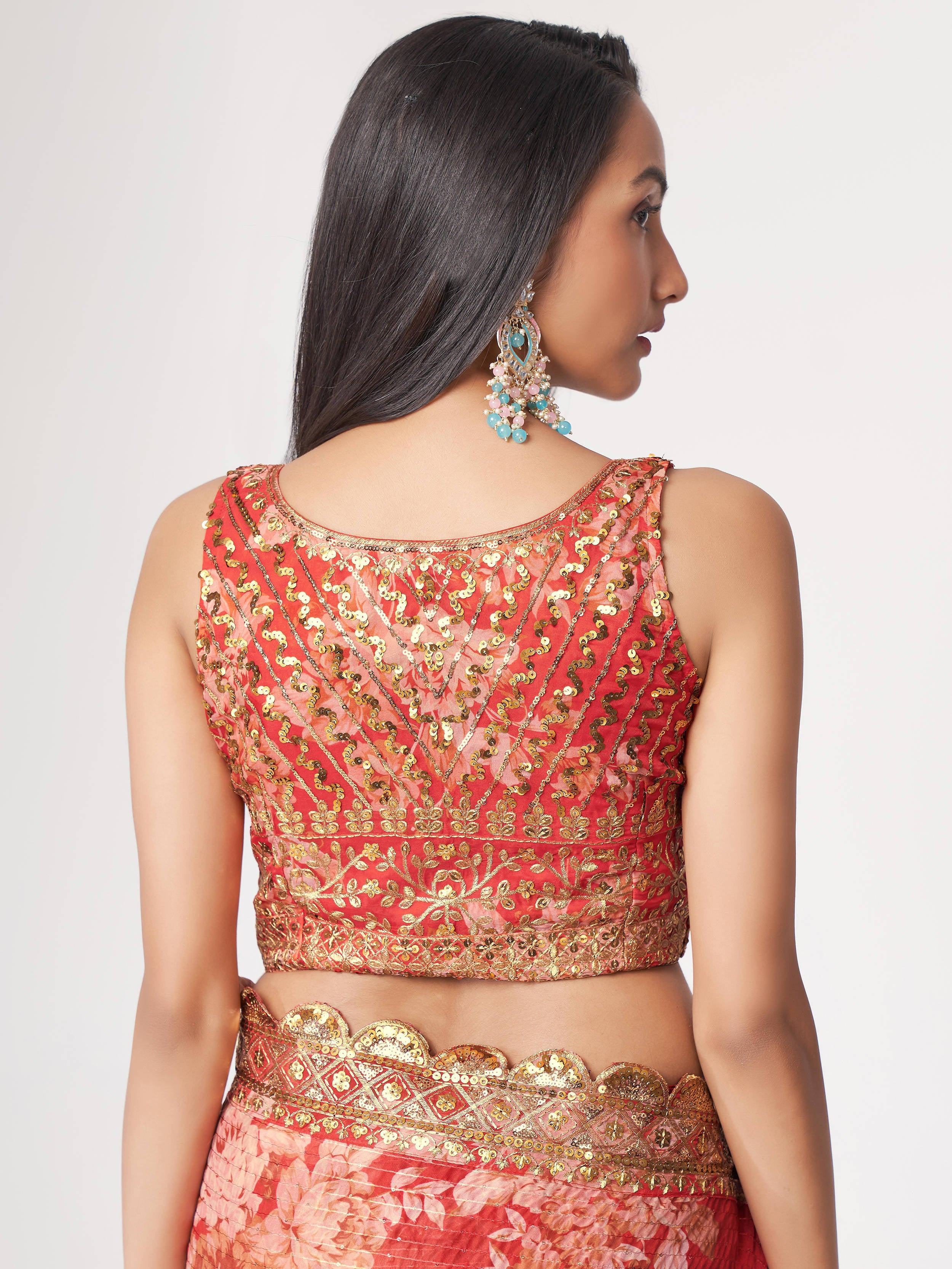 Charming Red Floral Printed Organza Occasion Wear Saree