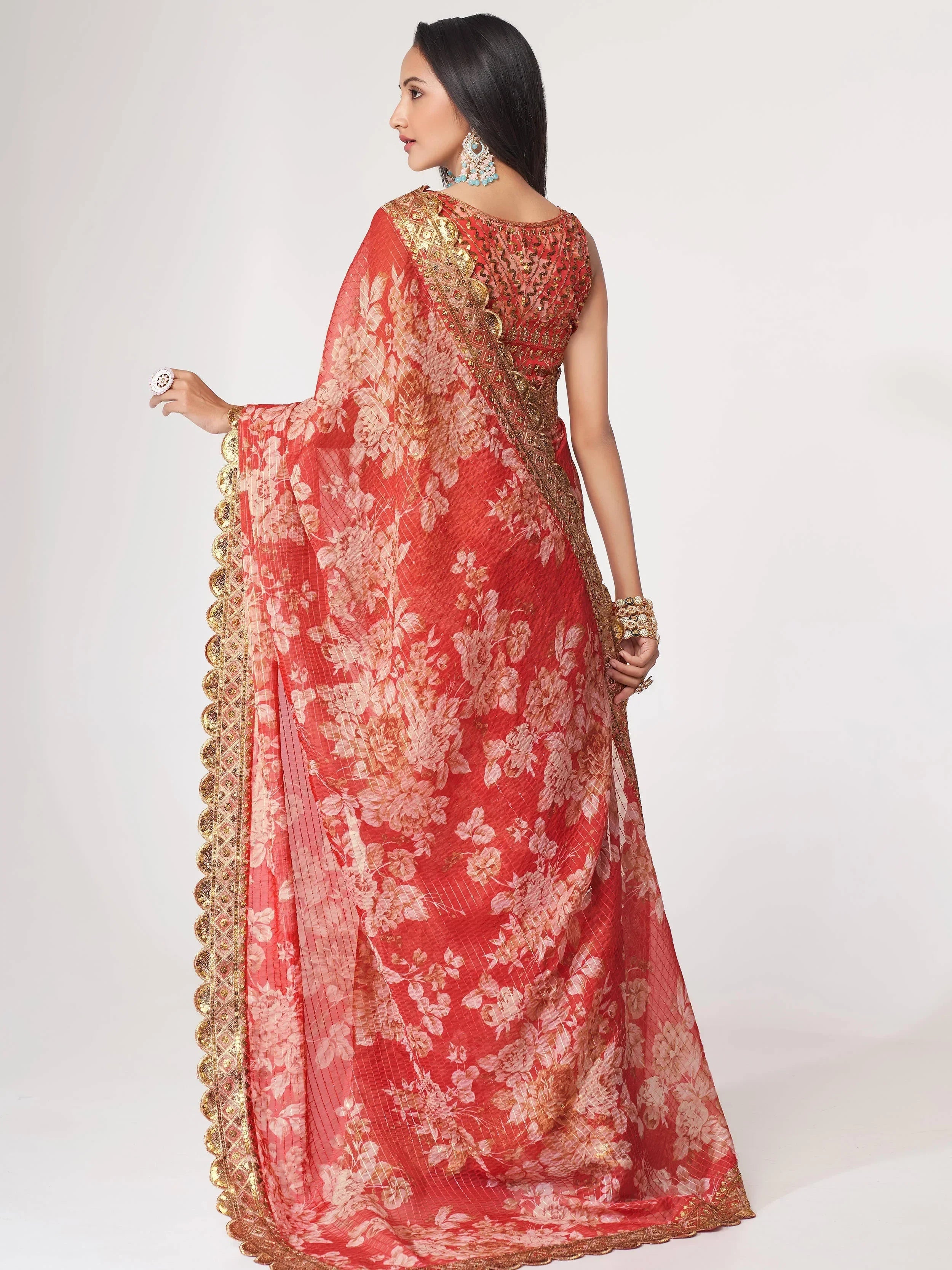 Charming Red Floral Printed Organza Occasion Wear Saree