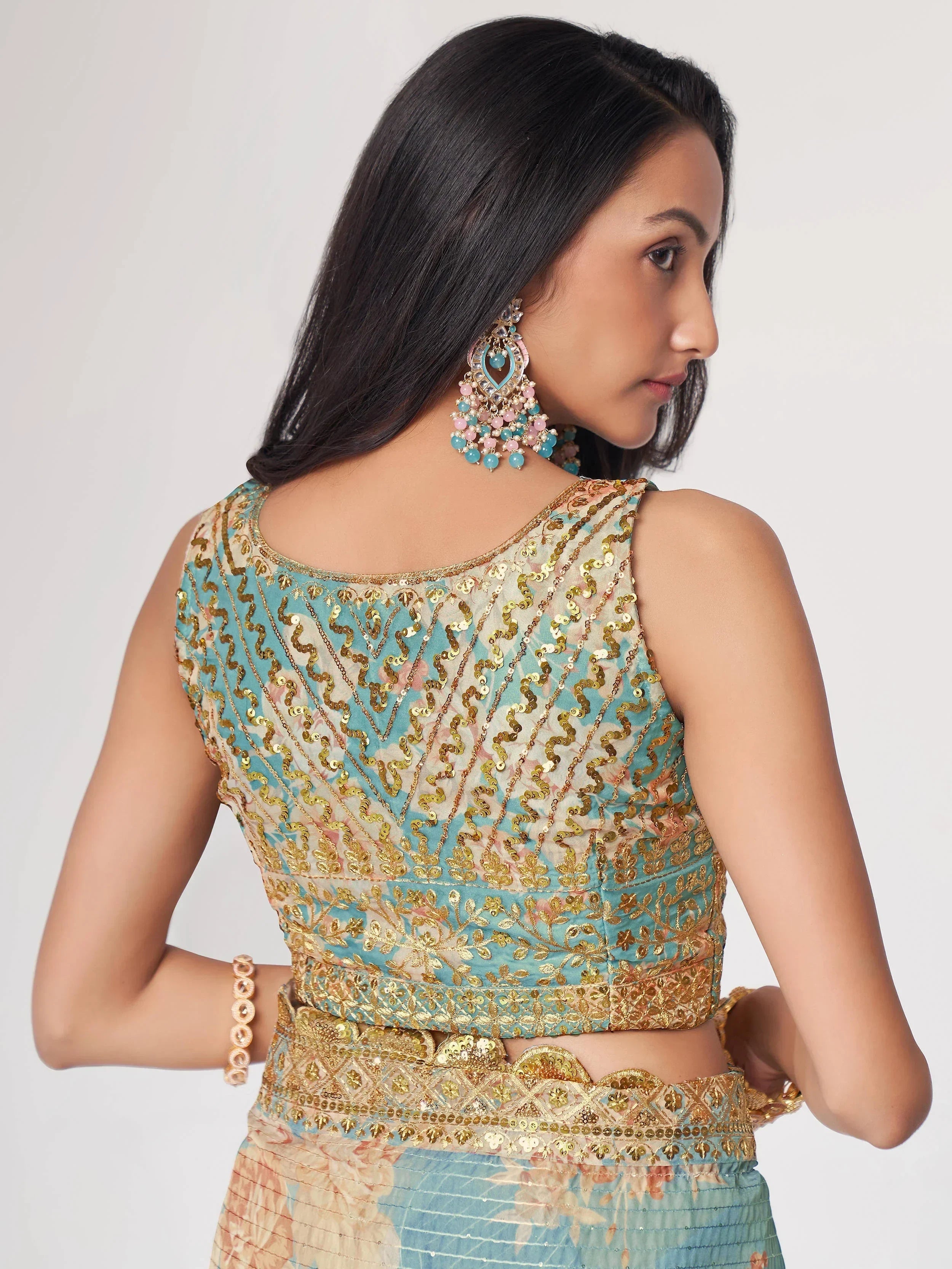 Endearing Sky Blue Floral Printed Organza Carnival Wear Saree
