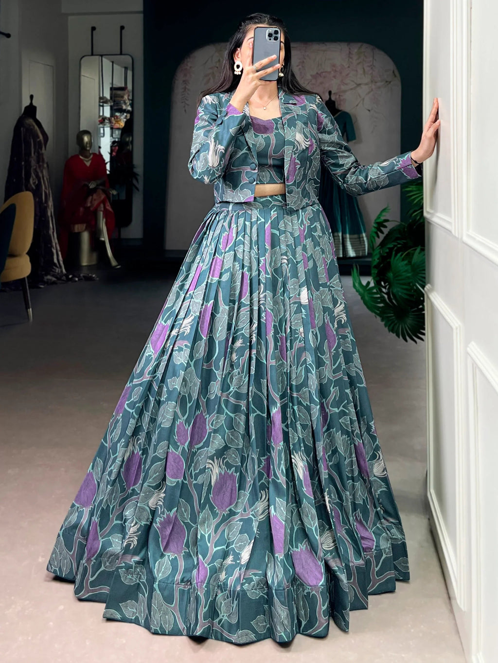 Stylish Teal Green Printed Silk Party Wear Crop Top Lehenga With Jacket