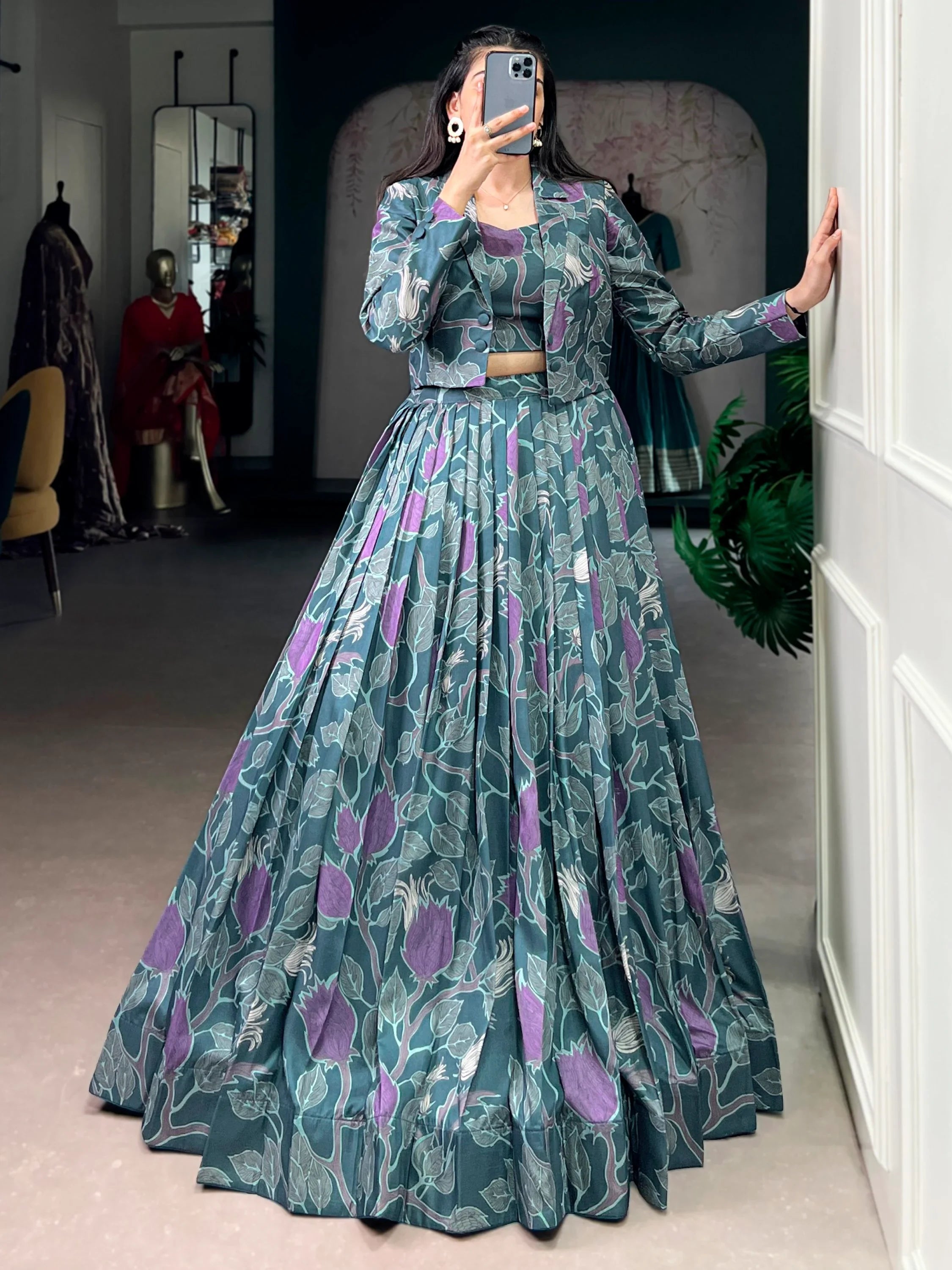 Stylish Teal Green Printed Silk Party Wear Crop Top Lehenga With Jacket