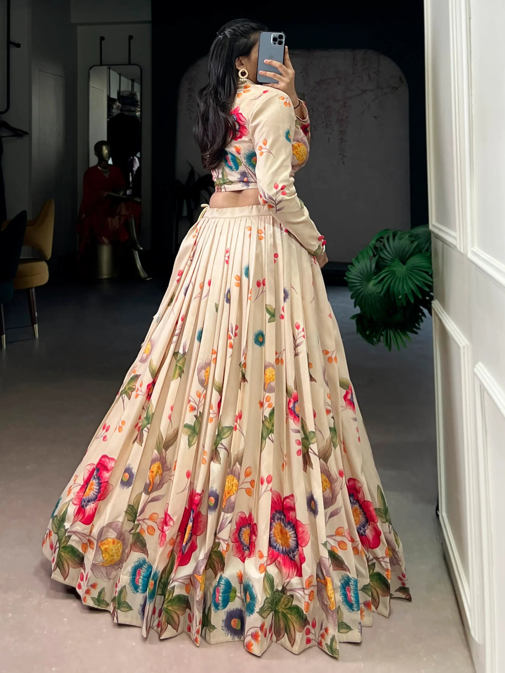 Lovely Beige Floral Printed Tussar Silk Party Wear Crop Top Lehenga