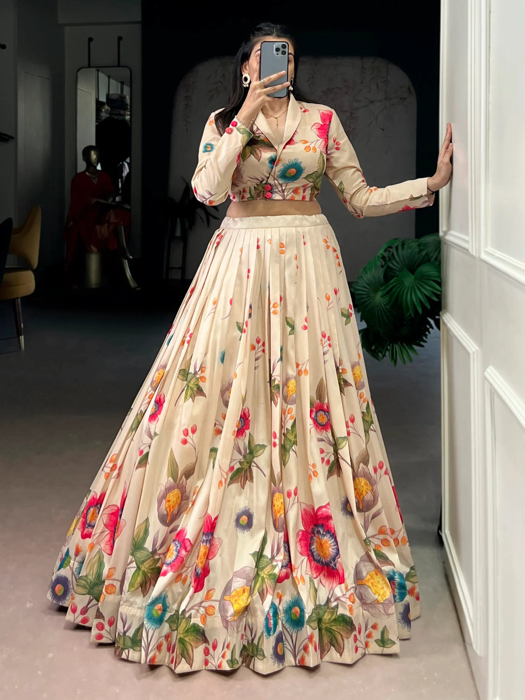 Lovely Beige Floral Printed Tussar Silk Party Wear Crop Top Lehenga