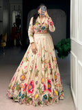 Lovely Beige Floral Printed Tussar Silk Party Wear Crop Top Lehenga
