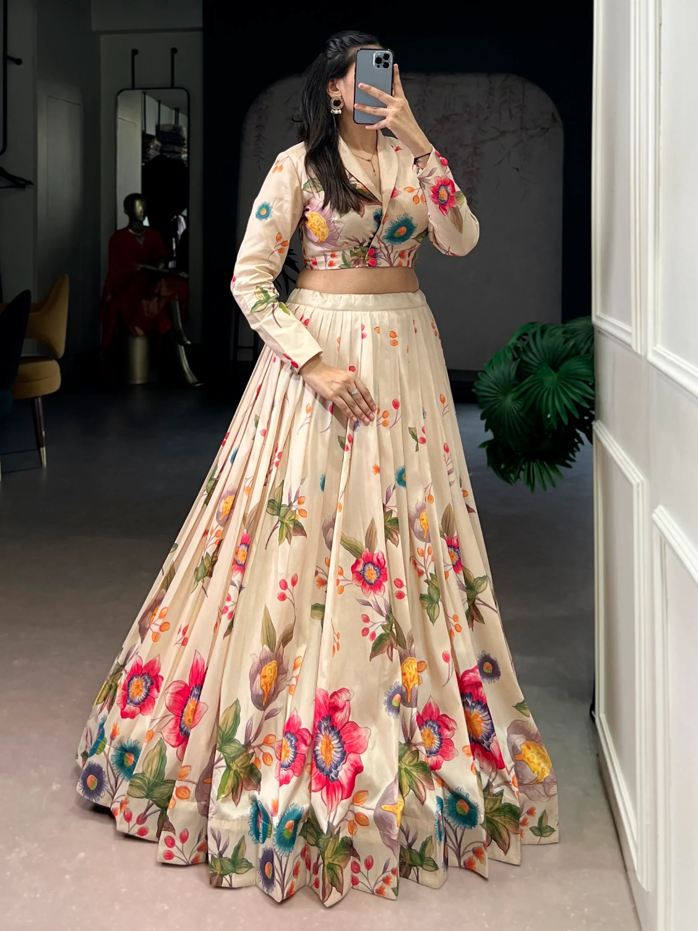 Lovely Beige Floral Printed Tussar Silk Party Wear Crop Top Lehenga