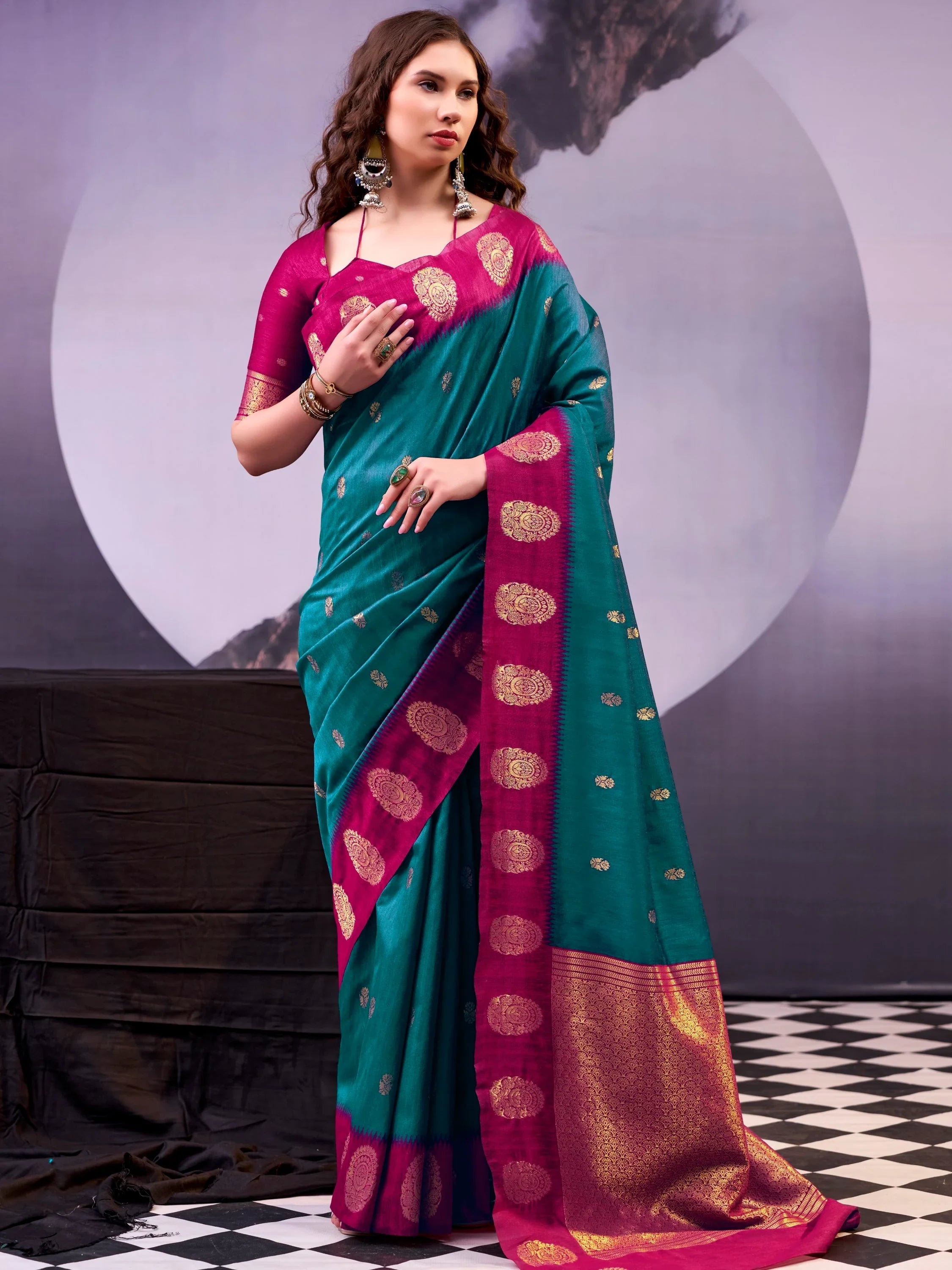 Teal Awesome Zari Weaving Cotton Marriage Wear Saree With Blouse