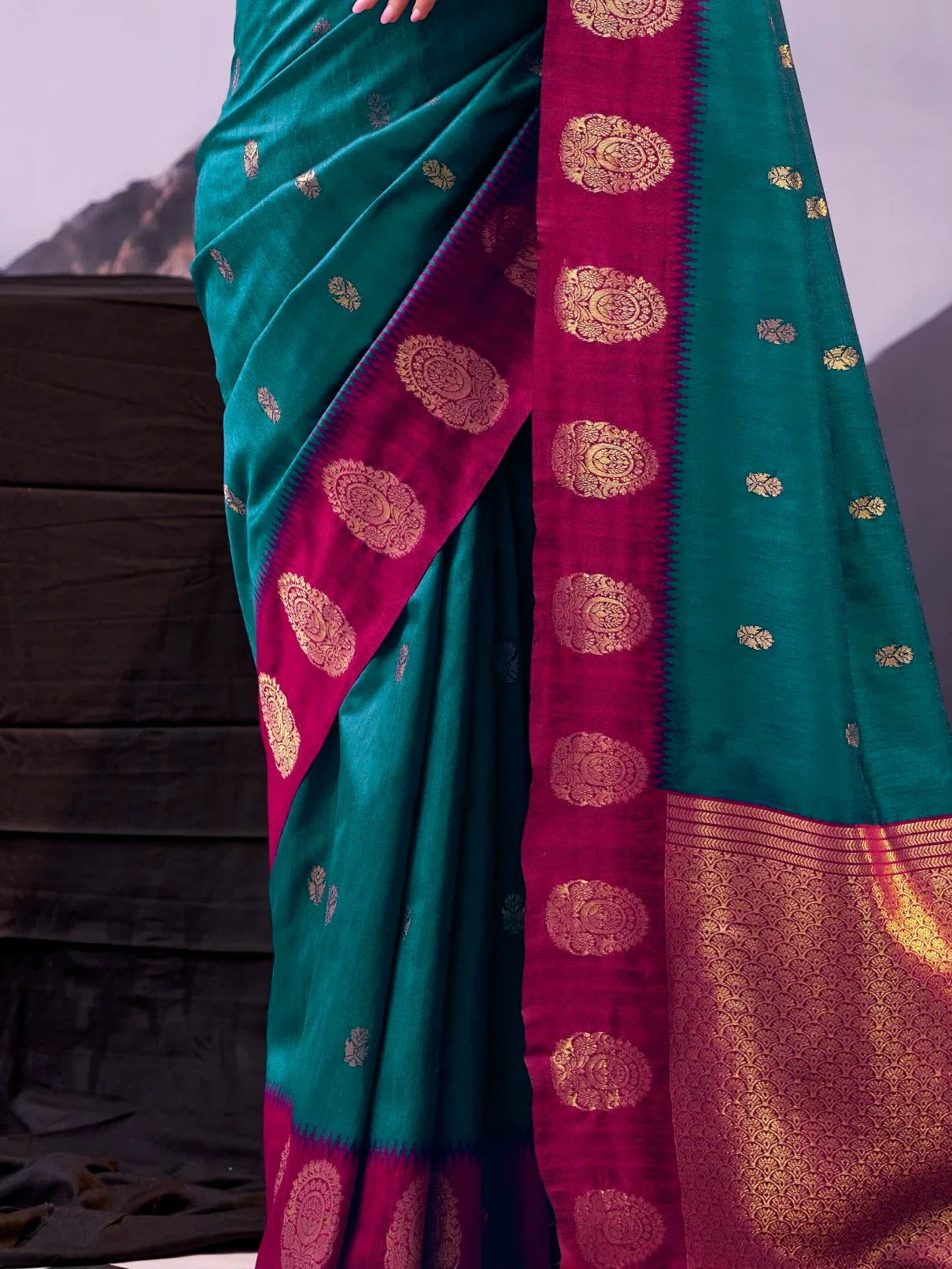 Teal Awesome Zari Weaving Cotton Marriage Wear Saree With Blouse